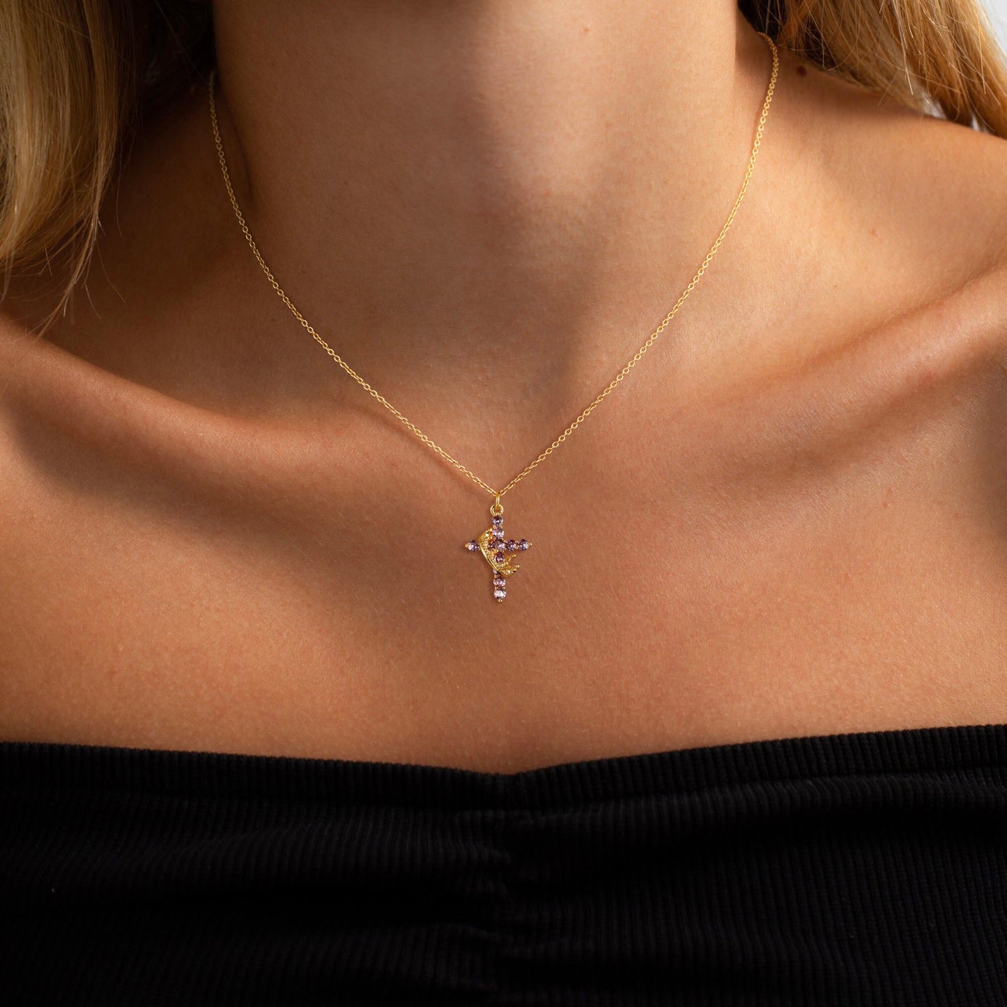 Robaice Birthstone Crown Cross Necklace for Women, Gold-Plated Christian Faith Necklace, Cross Jewelry Gift for Women, June Purple Alexandrite Gift