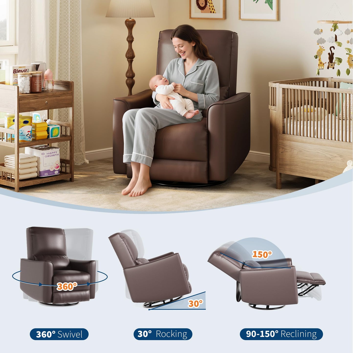 IDEALHOUSE Swivel Rocking Nursery Recliner Chair Rocker Recliner Glider Deep Seat PU Leather Sofa Chair with high Backrest for Nursery, Living Room, Bedroom & Home Movie Theater (Dark Brown)