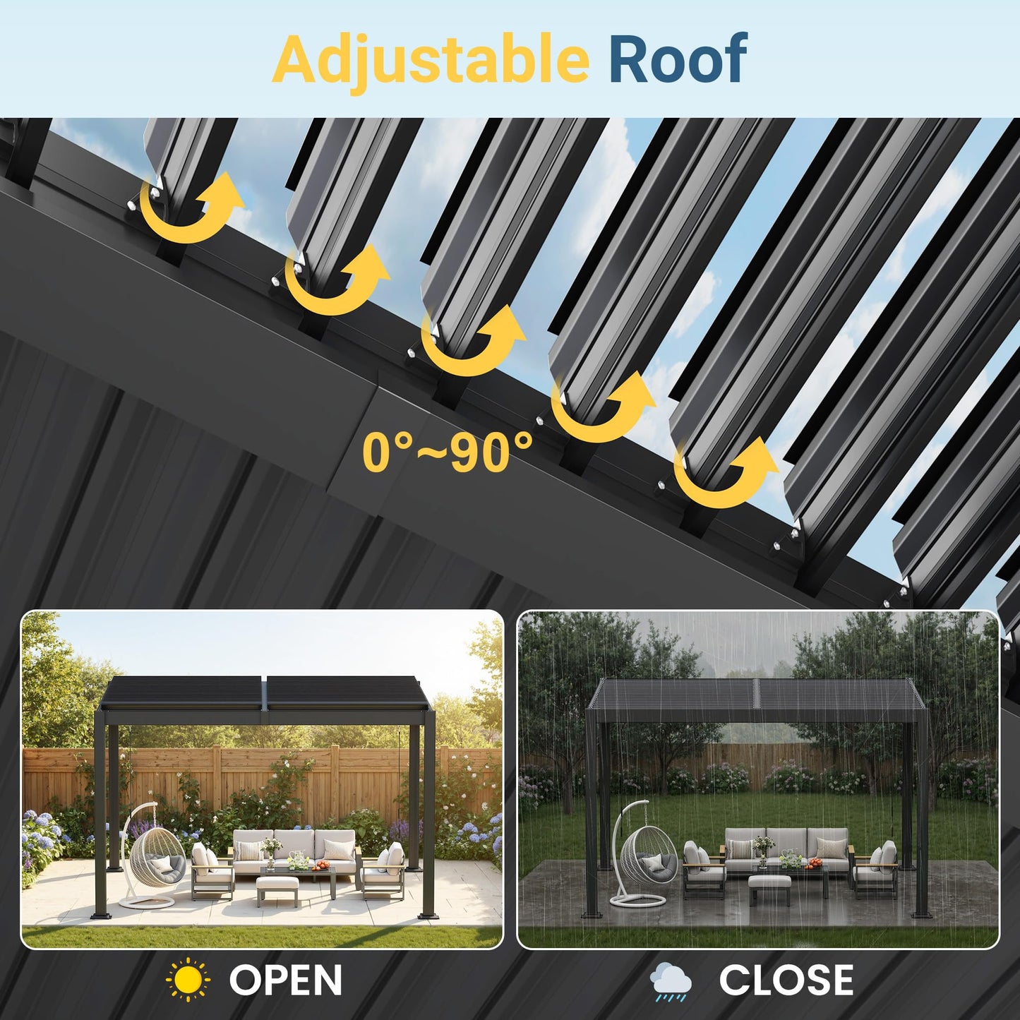 10' x 12' Louvered Pergola, Metal Outdoor Pergola with Adjustable Louvered Roof & Gutter System, Hardtop Patio Gazebo for Backyard, Deck, Garden, Dark Gray