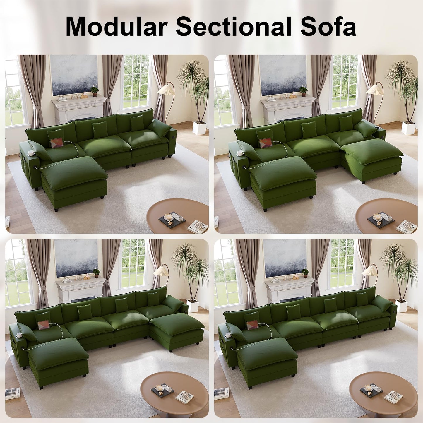KCGKCG 116" Modular Sectional Sofa, U Shaped Cloud Couch with Movable Ottoman, Chenille Deep Seat Cloud Sofa with Charging Station, Cup Holder, Side Pocket, Sectional Couches for Living Room, Green
