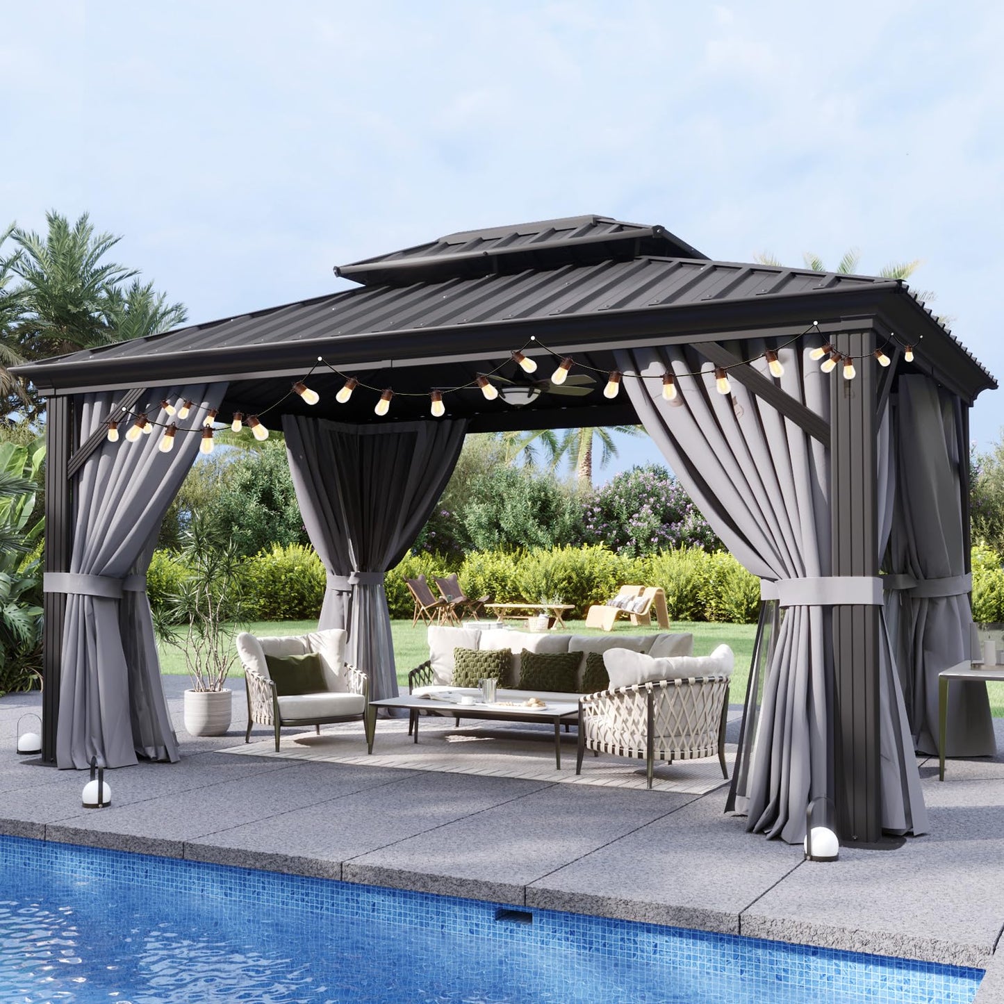 Aoxun 10'x12' Hardtop Gazebo, Aluminum Frame Canopy with Double Galvanized Steel Roof, Outdoor Metal Pavilion with Netting, and LED Outdoor Waterproof Hanging Lights