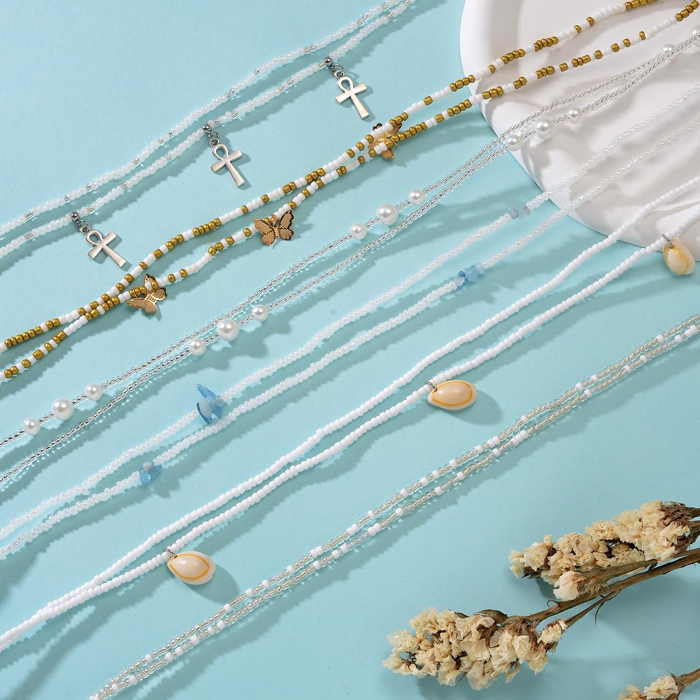 Tornito 8Pcs 31.5 Inches African Waist Bead Chain Elastic Belly Beads Butterfly Shell Layered Body Chain Colorful Jewelry Accessories for Women (C:8Pcs(White))