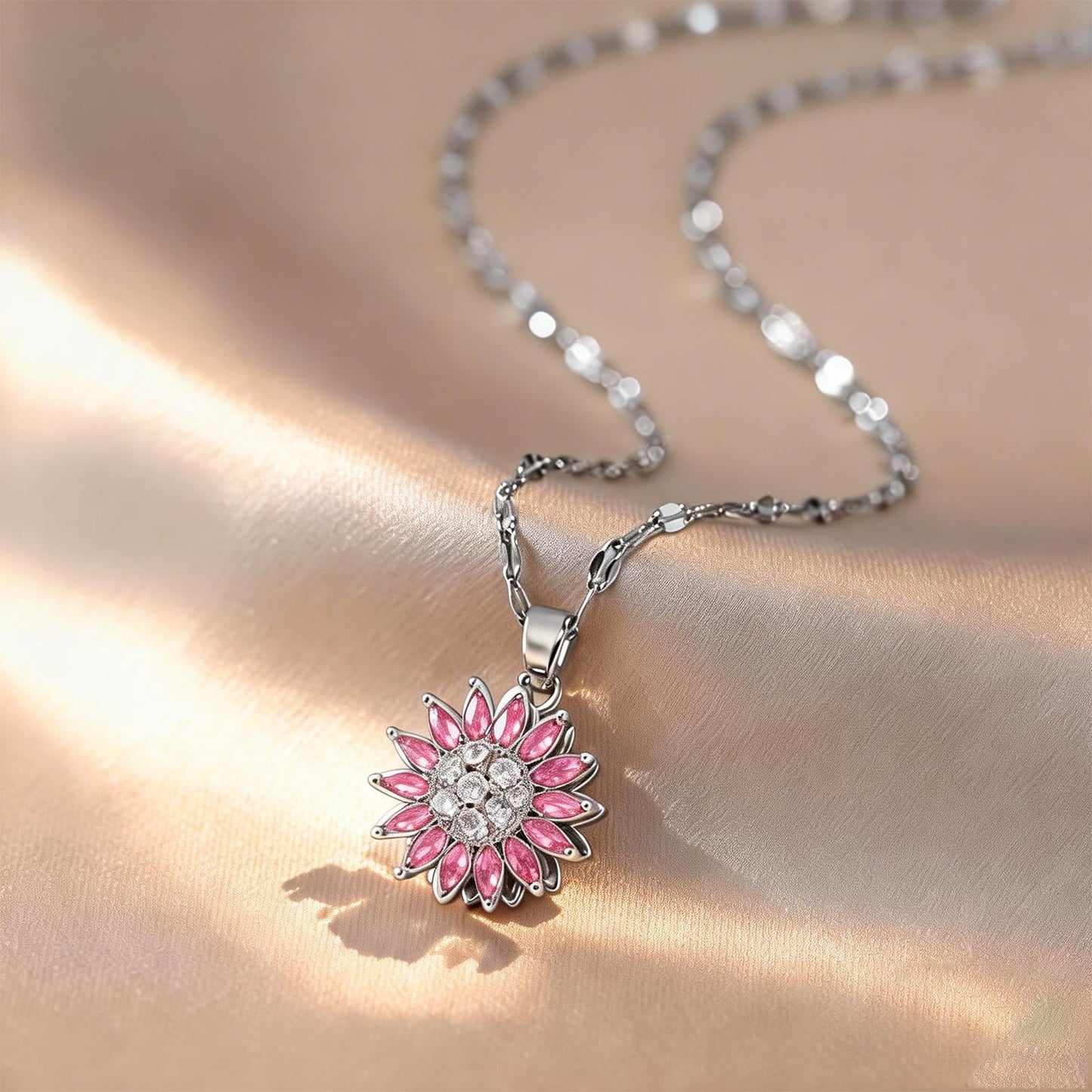 KONPJE Sunflower Fidget Necklace for Women Gold Moon Necklace Rotating Heart Necklaces Spinning Crystal Sunflower Anxiety Necklaces Crescent Moons Jewelry Accessories (SilverPink)