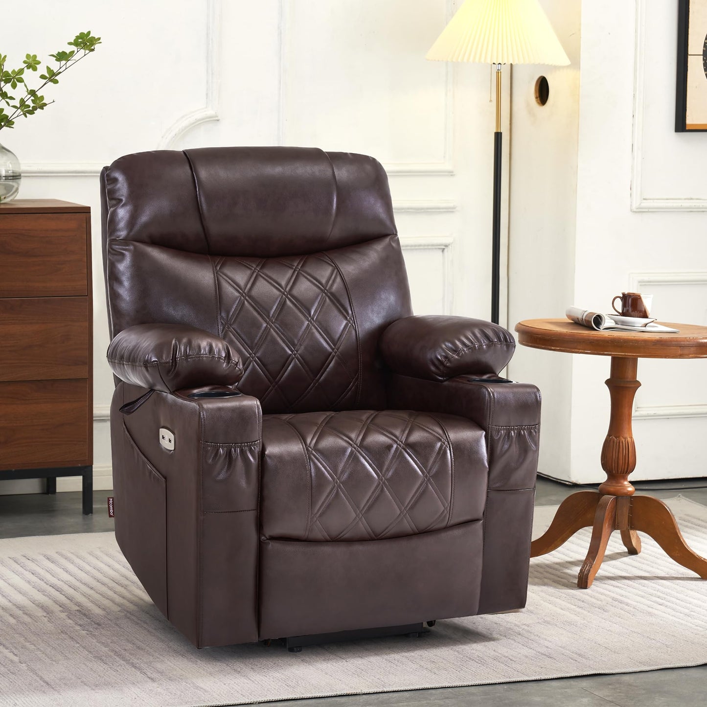 MCombo Small Power Lift Recliner Chair Sofa with Massage and Dual Heating, Adjustable Headrest for Elderly People Petite, USB Ports, Faux Leather 7111 (Dark Brown)