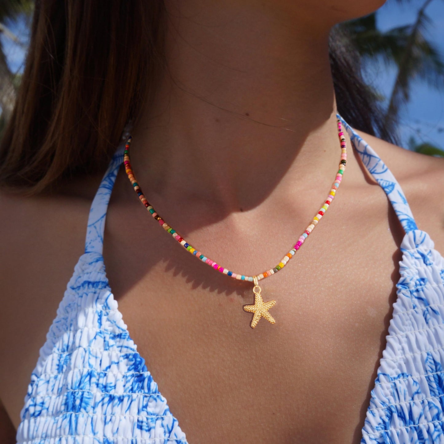 Plenky Gold Necklace for Women-Colorful Beaded Necklaces 14K Gold Plated Bohemian Choker Spotted Starfish Beachy Jewelry for Women Gifts
