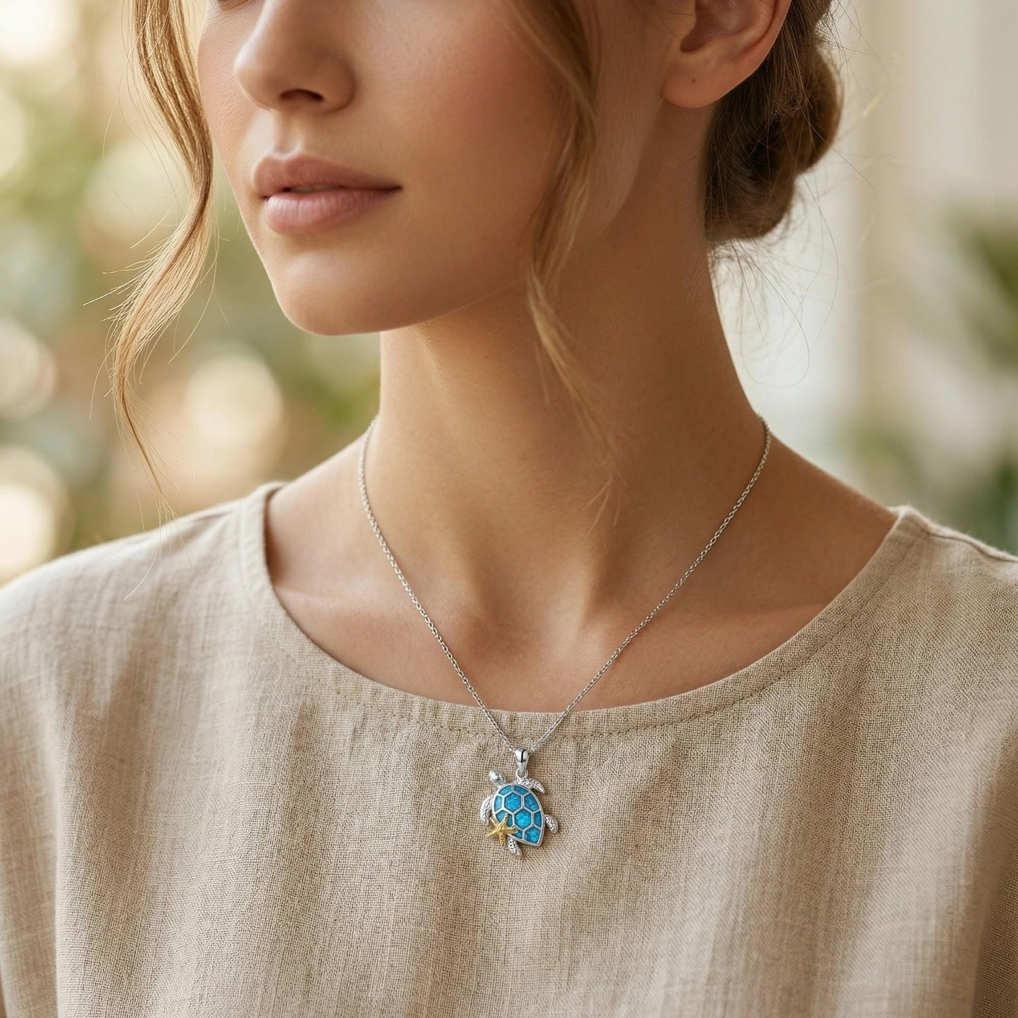 HKPATOP Sea Turtle Necklace 925 Sterling Silver Blue Opal Starfish Pendant Necklace Beach Ocean Turtle Jewelry Gift for Women