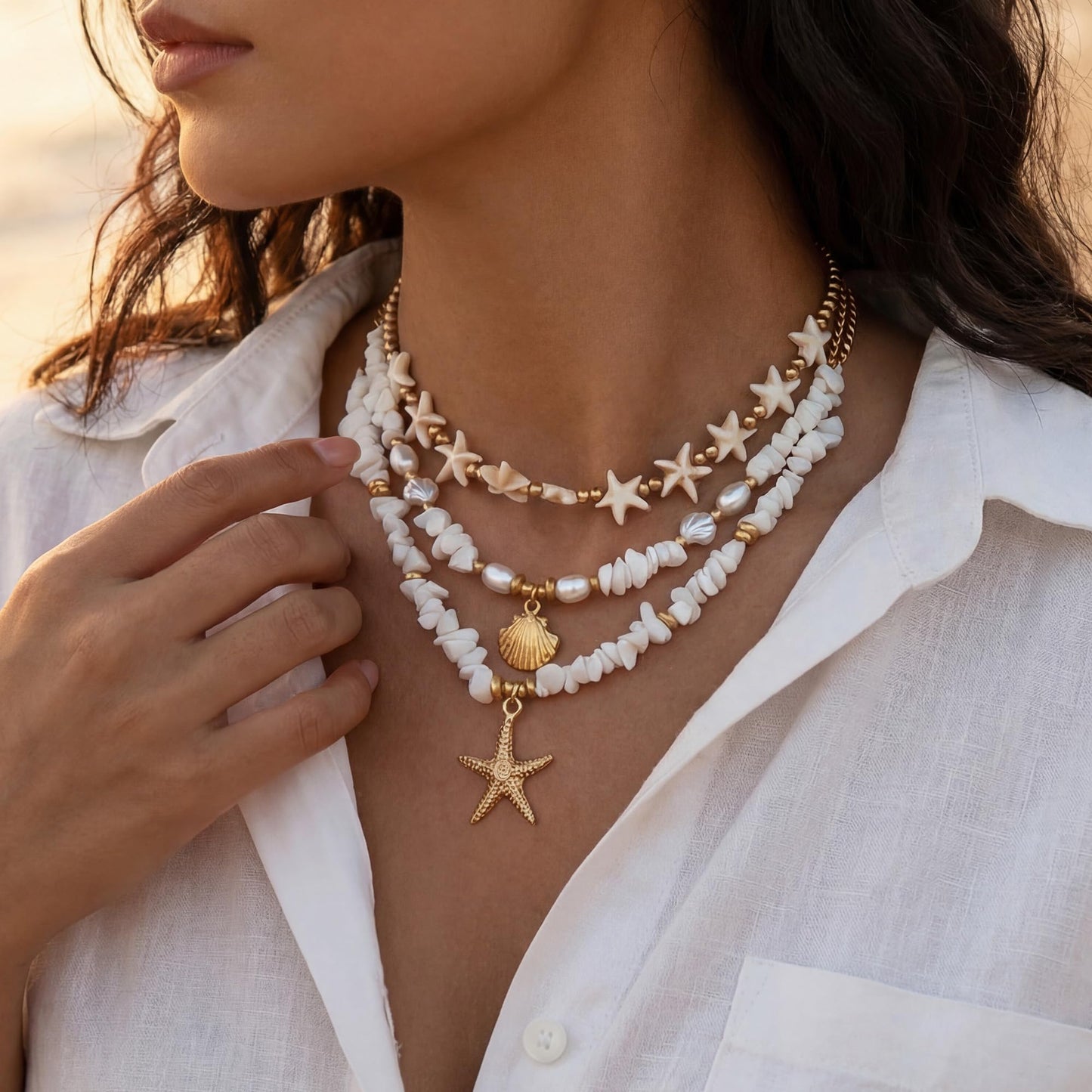 Shell Starfish Necklace for Women, Gold Plated Layered Pendant Necklace with Pearl Conch Charms, Boho Coastal Summer Beach Vacation Jewelry Gifts(Crush)