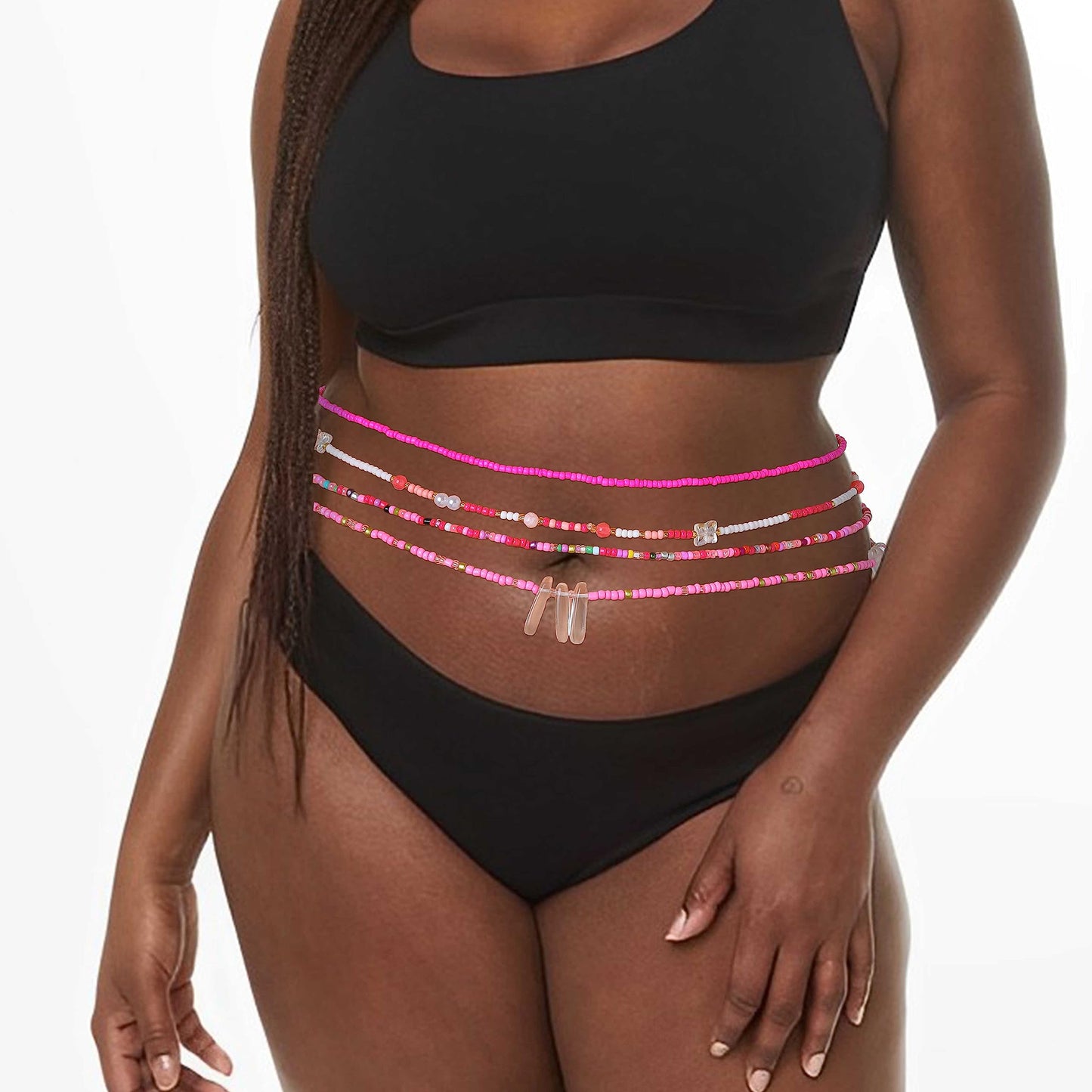 ELABEST 24-39inch African Waist Beads for Women 8Pcs Elastic Belly Beads Colorful Beaded Waist Jewelry Accessories Body Chain (Pink, 23.6inch/60cm)