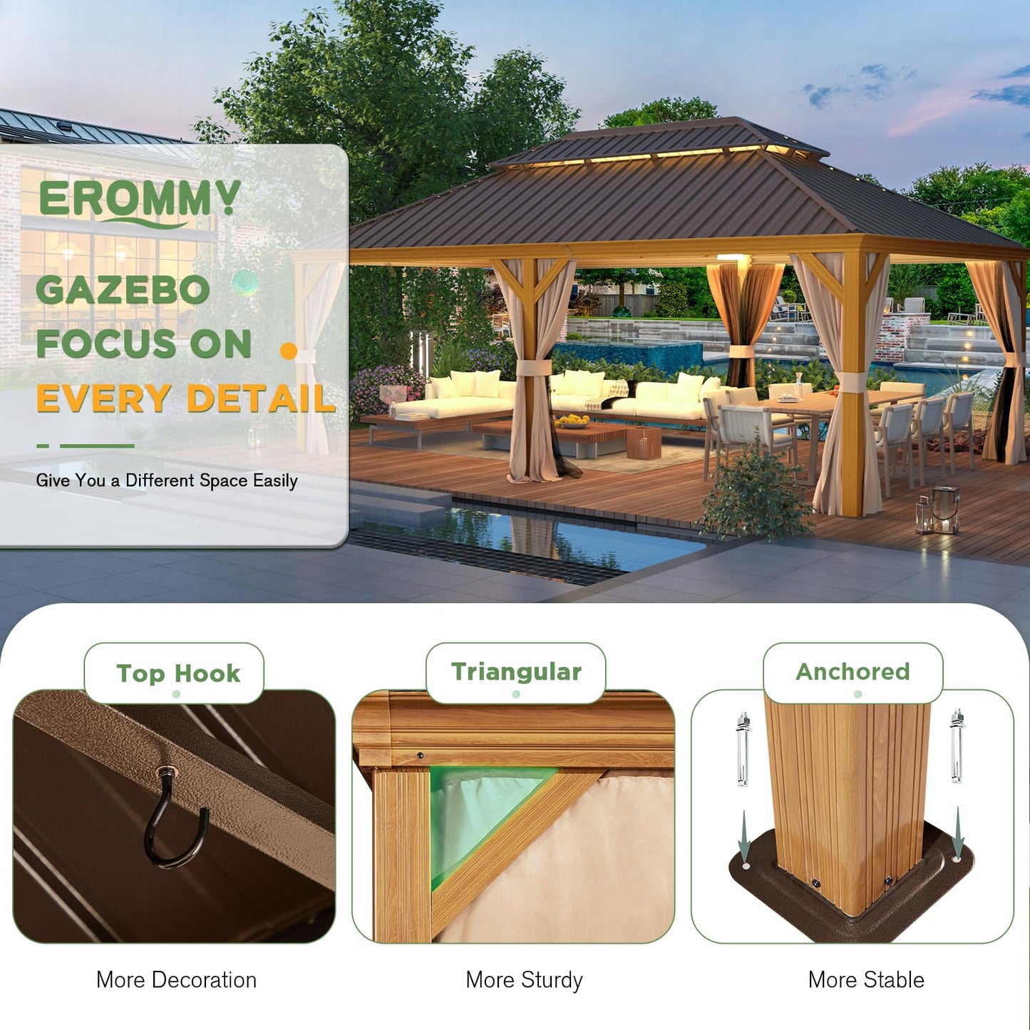 EROMMY 12'x22' Gazebo, Wooden Finish Coated Aluminum Frame Pergola with Double Galvanized Steel Hardtop Roof, Outdoor Permanent Metal Pavilion with Curtains and Nettings for Patio, Backyard and Deck