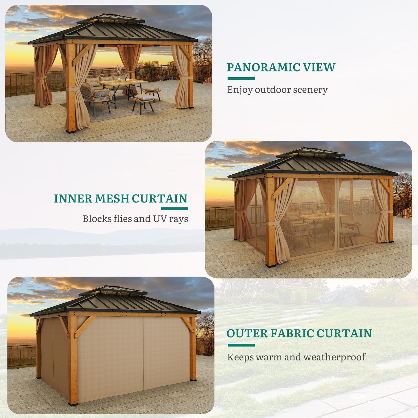YITAHOME 13x15ft Wood Gazebo Outdoor Wooden Frame Double Roof Hardtop Galvanized Steel Top Canopy w/Curtain and Netting, Patio Heavy Duty Gazebo for Deck, Backyard, Golden