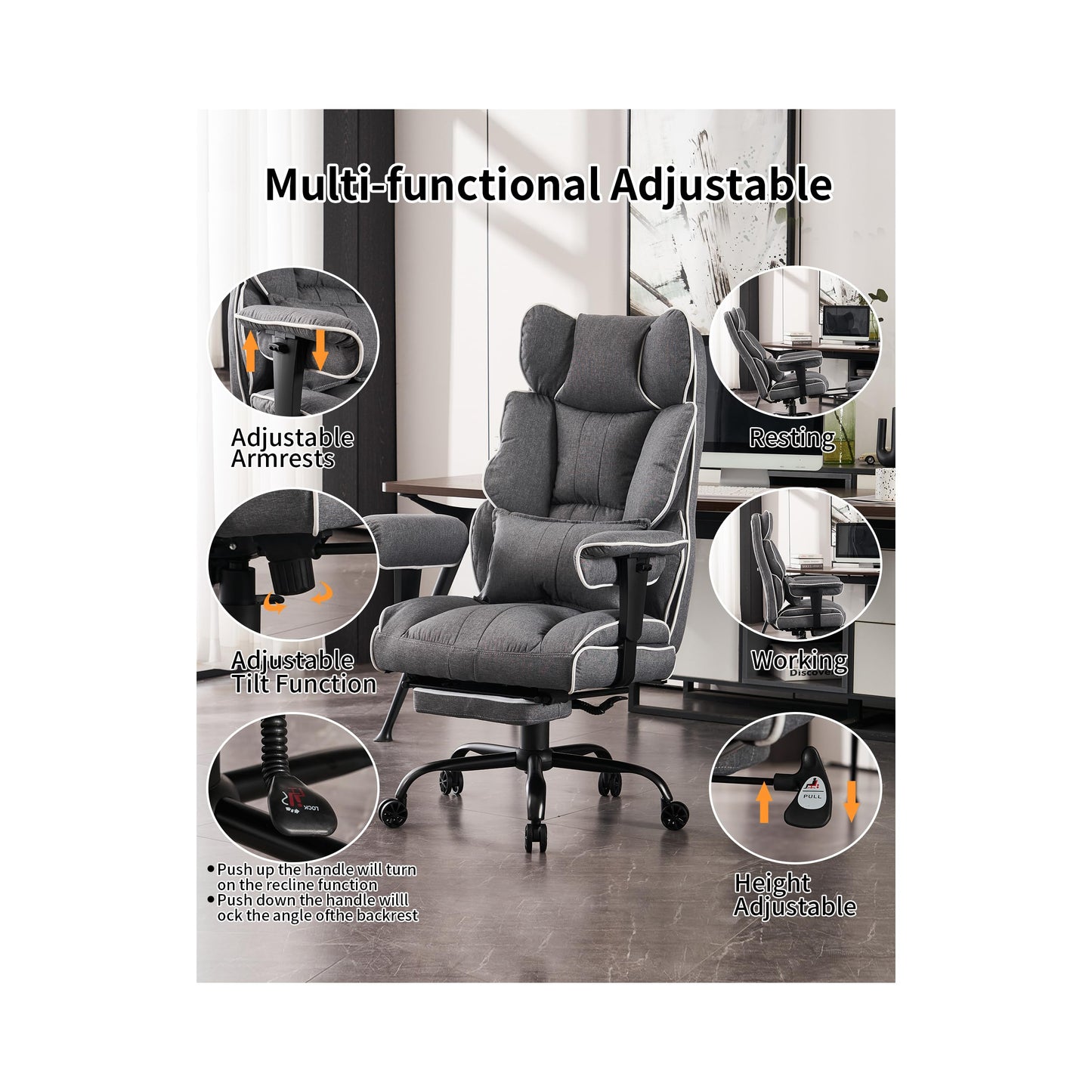 Efomao Fabric Office Chair, Big and Tall Office Chair 400 lb Weight Capacity, High Back Executive Office Chair with Foot Rest, Ergonomic Office Chair for Back Pain Relief, Gray