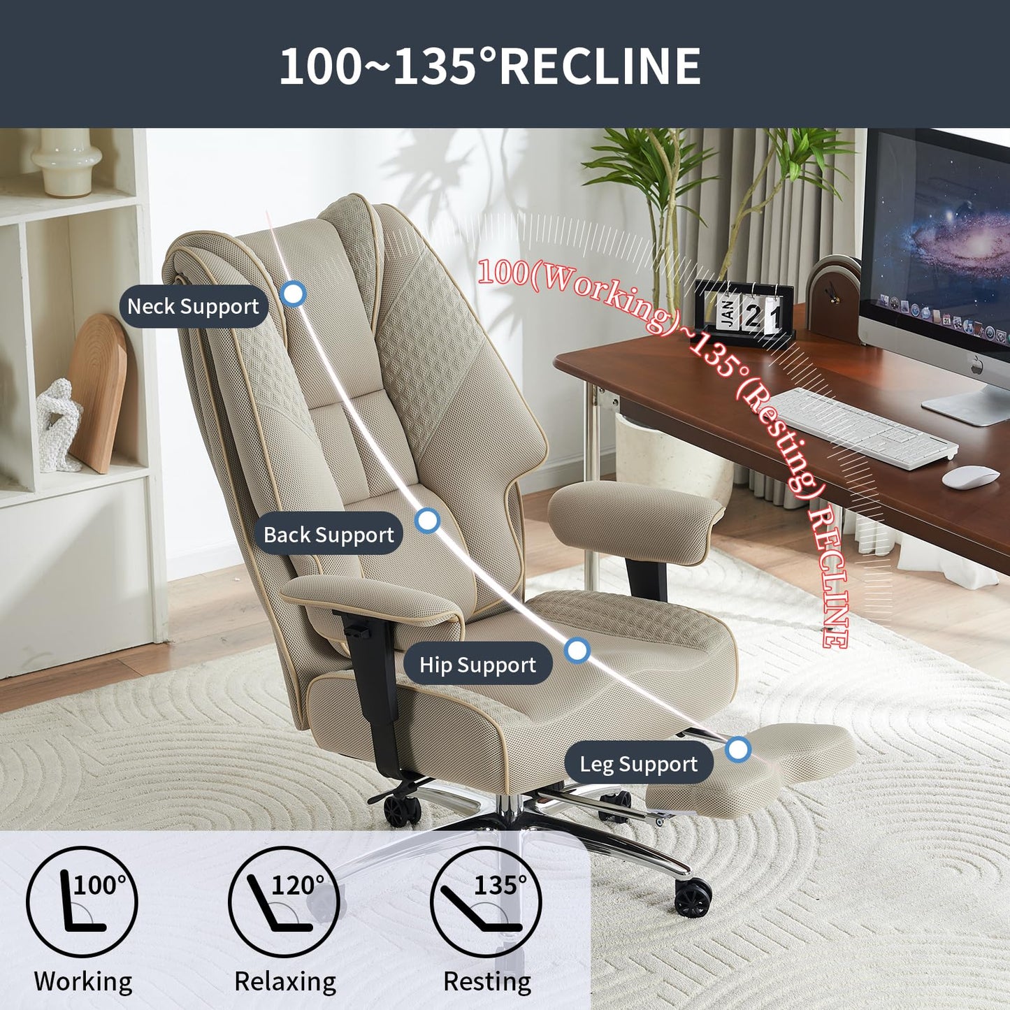 EXCEBET Big and Tall Office Chair 400lbs Wide Seat, Leather High Back Executive Office Chair with Foot Rest, Ergonomic Chairs Lumbar Support for Lower Back Pain Relief (Mesh Dark Beige)
