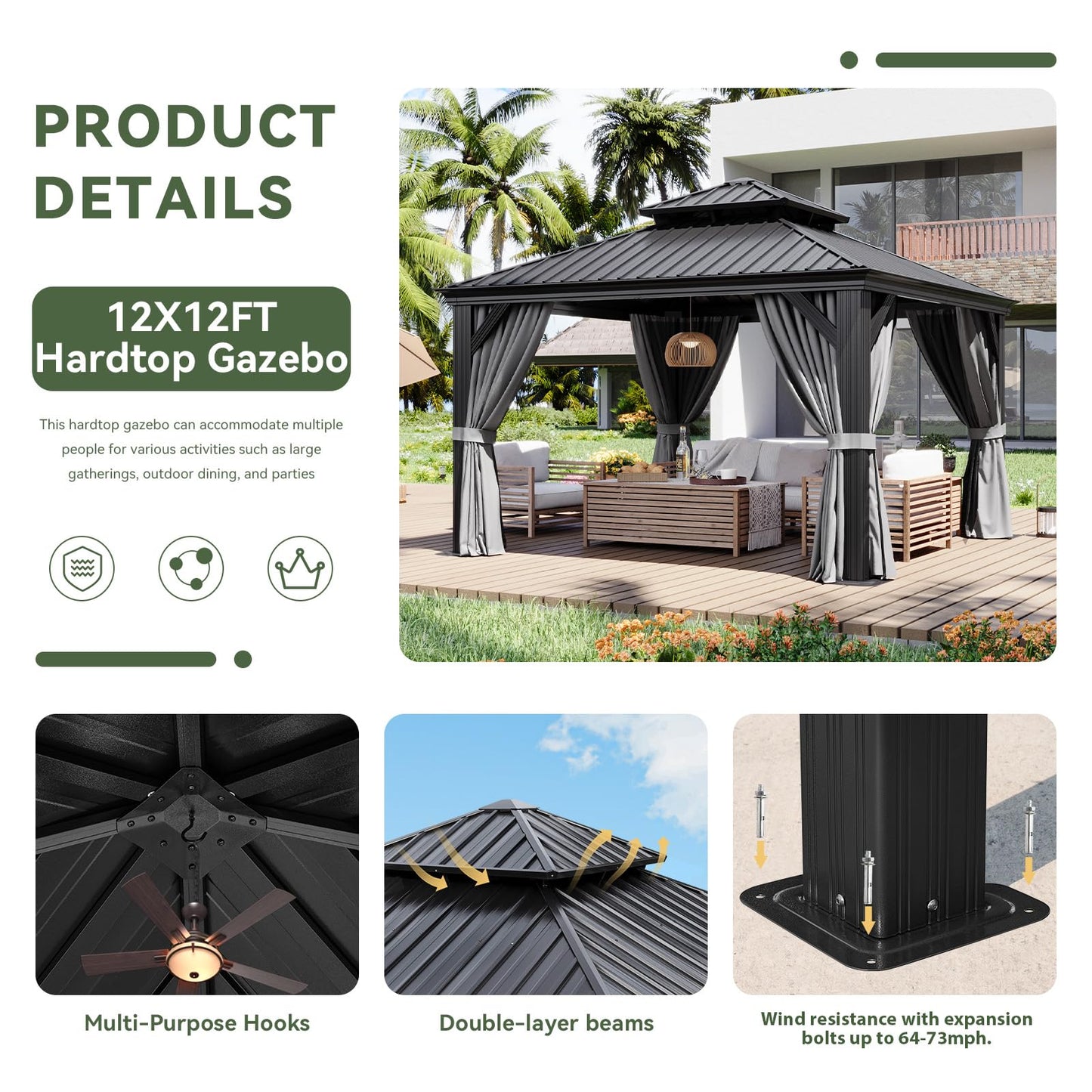 Aoxun 12' X 12' Hardtop Gazebo with Drainage System, Aluminum Outdoor Gazebo with Galvanized Steel Double Roof, Patio Permanent Metal Pavilion with Netting, for Garden, Deck, Backyard, Grey