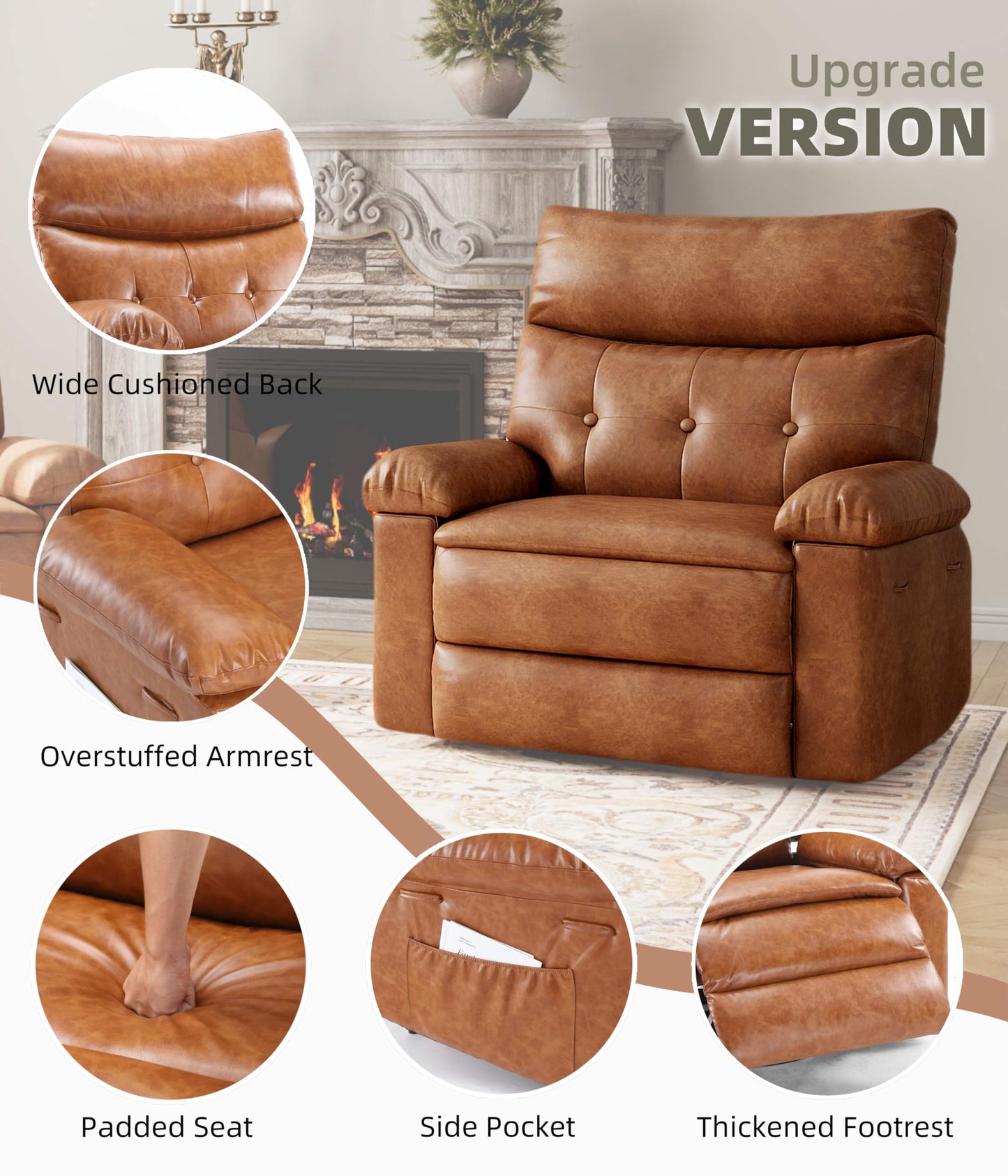GarveeHome Recliner Chair - PU Leather Manual Recliner for Adults, Lazy Chair with 1.5X Sponge Comfort Arm and Back for Living Room, Bedroom