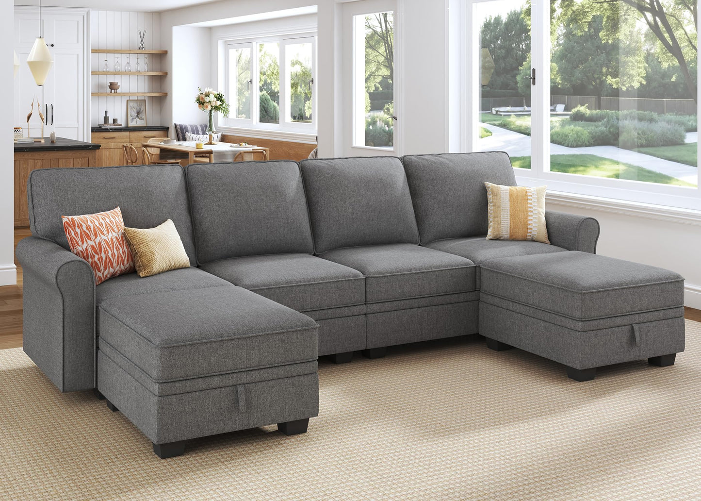 HONBAY Convertible Sectional Sofa with Storage U Shaped Sectional Couch with Reversible Chaise Small Sectional Couches for Living Room,Grey