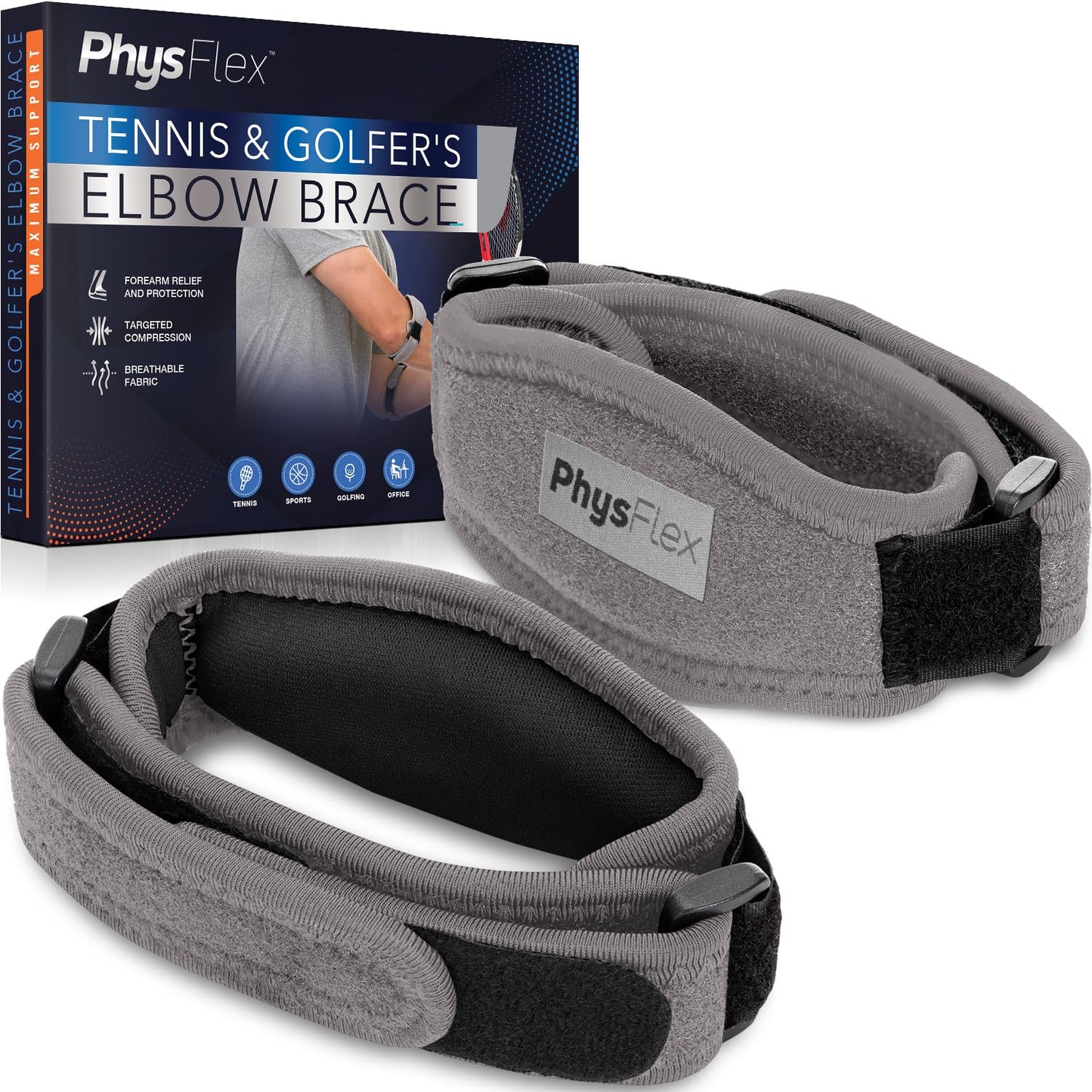 PhysFlex 2-Pack Elbow Brace for Men & Women, Adjustable Tennis & Golfer's Elbow Support Strap for Tendonitis Pain Relief - Compression Pad for Arm, Forearm, Tendon Pain Relief (Gray)
