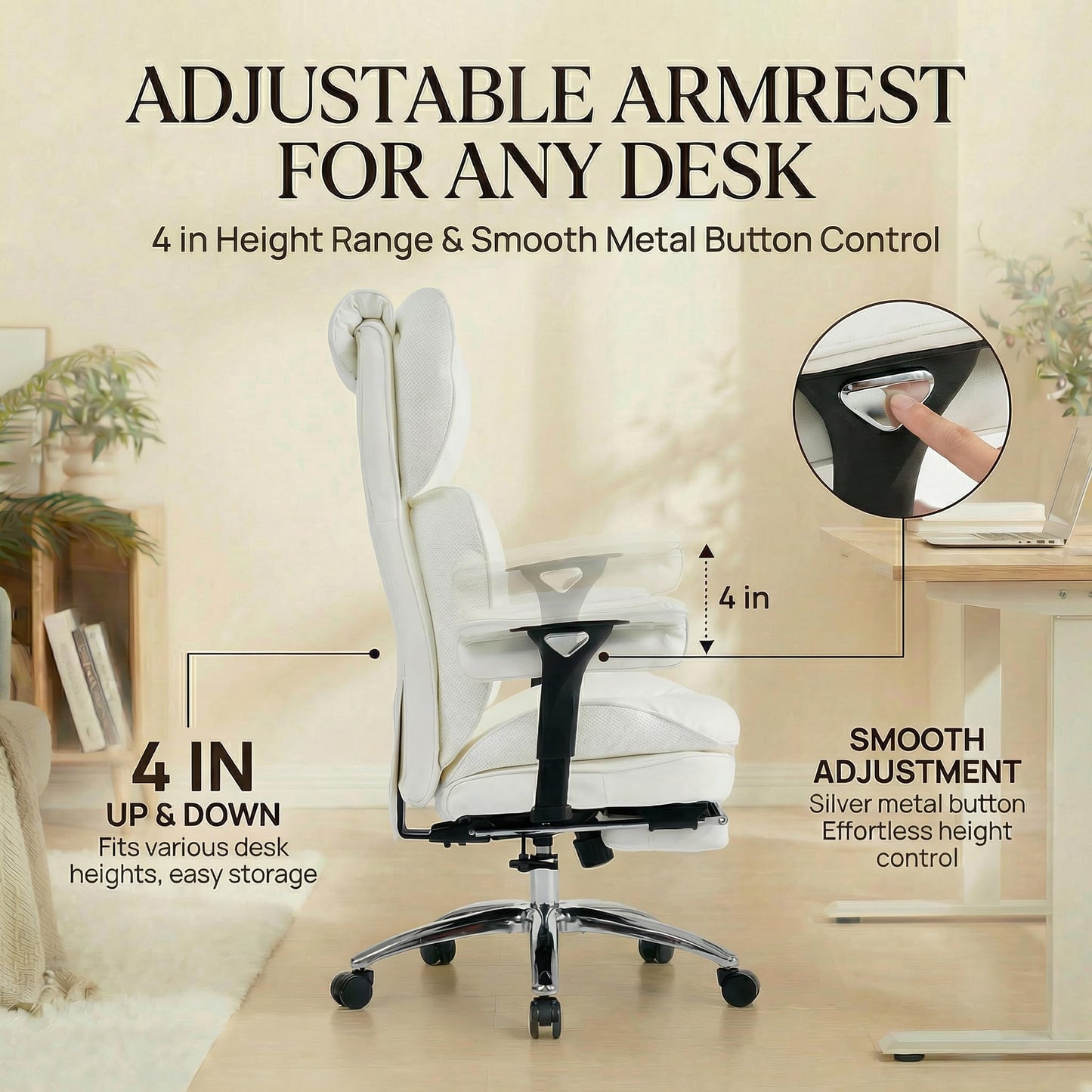 Efomao Big & Tall Executive Office Chair with Footrest - 400lbs Heavy Duty High Back PU Leather Desk Chair, Modern Ergonomic Reclining Computer Chair, White