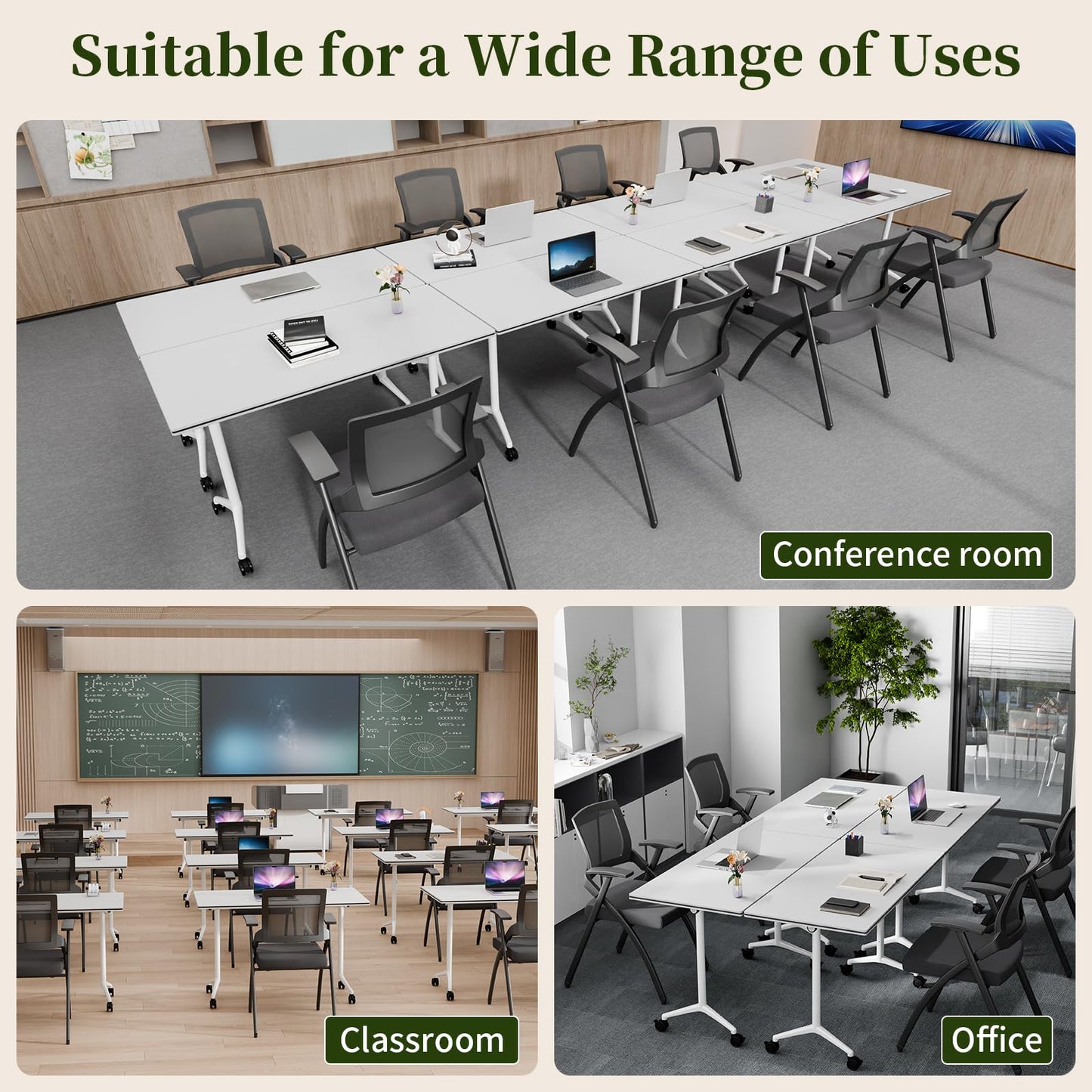Modular Folding Conference Table with Wheels,6 Pack Mobile Conference Room Tables,Filp Top Rolling Meeting Training Tables for Office,Classroom,Library,Seminar,Boardroom,school(6pack,White,61in)
