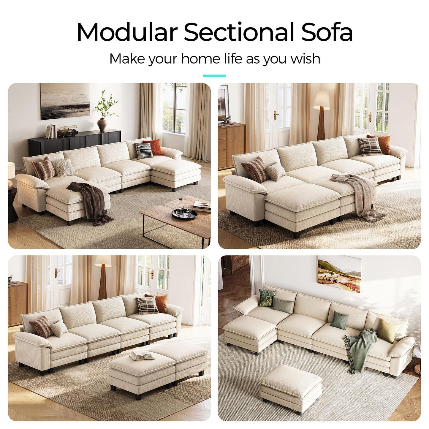LINSY HOME 157'' Modular Sectional Sofa Beige Couch Corduroy Cloud Couches for Living Room, U Shaped Couch with Movable Ottoman, Modern Cloud Sectional Sofas for Bedroom and Apartment, Beige
