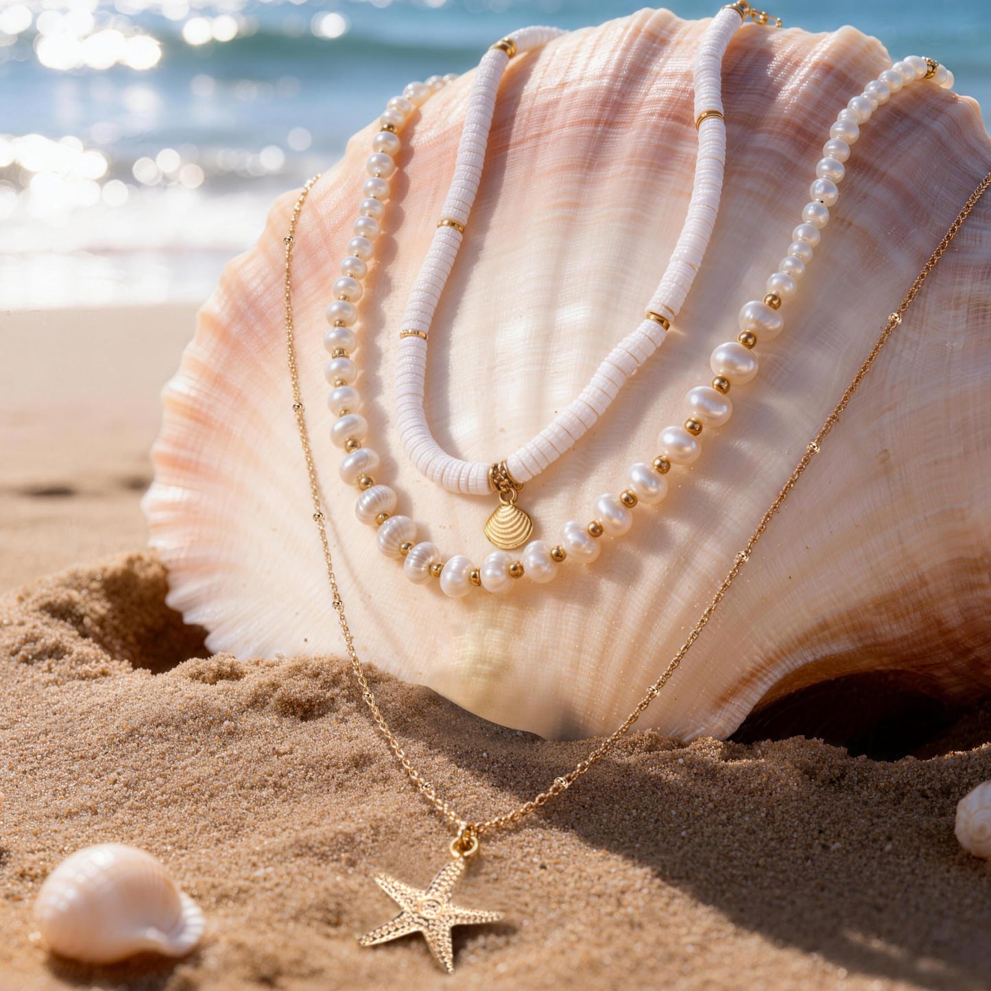VOJO Starfish Seashell Necklace for Women, 3 Layers Stacked Summer Beach Necklaces, Colorful Polymer Clay Pearl Jewelry, 18K Gold Plated Tropical Hawaii Vacation Accessories, Tarnish Resistant Gifts (polymer clay seashells + starfish)