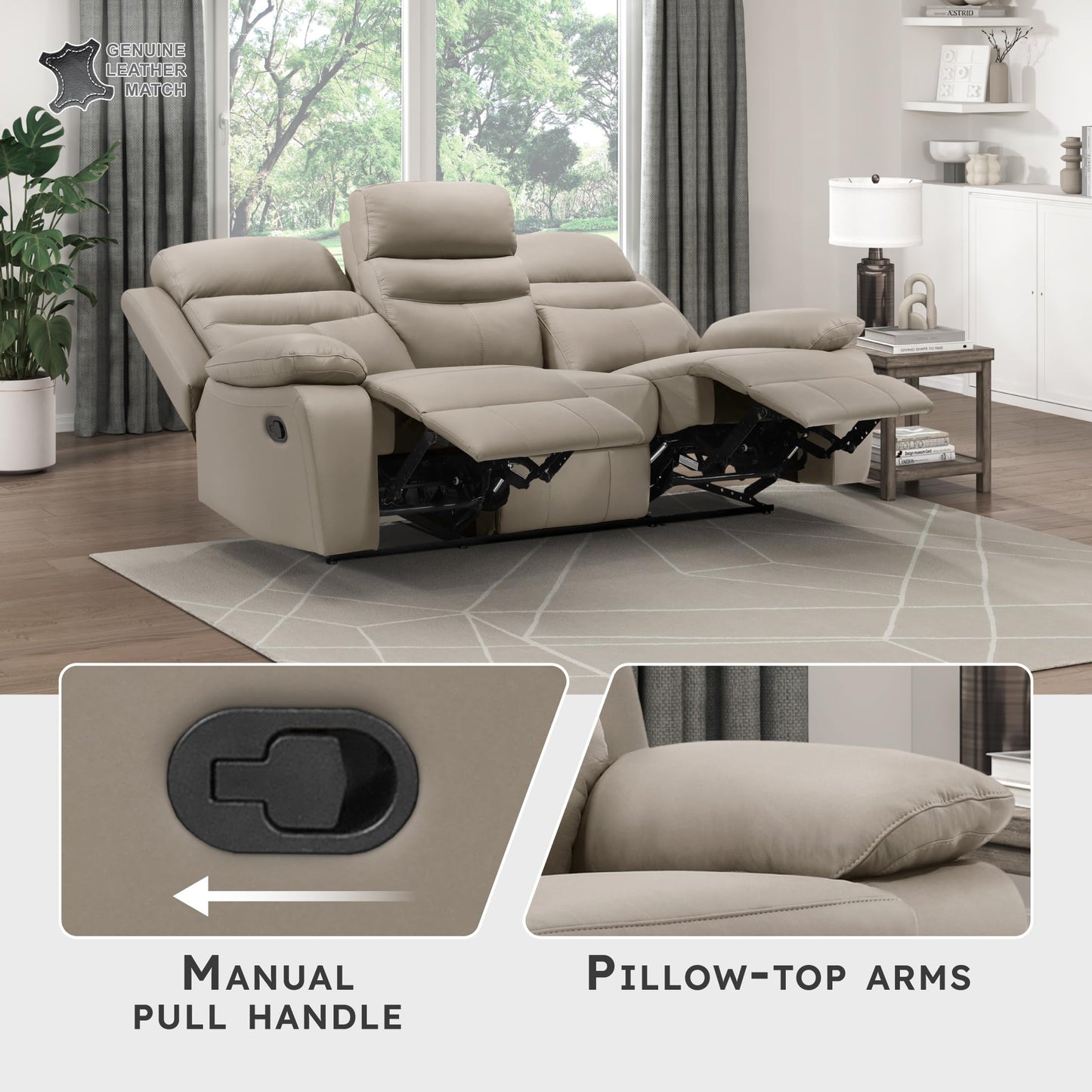 Lexicon 86.5" W Manual Reclining Sofa, Top Grain Leather Match Reclining Sofa, Home Theater Seating, Wall Hugger Recliner Couch, Manual Double Recliner RV Couch for Living Room, Latte