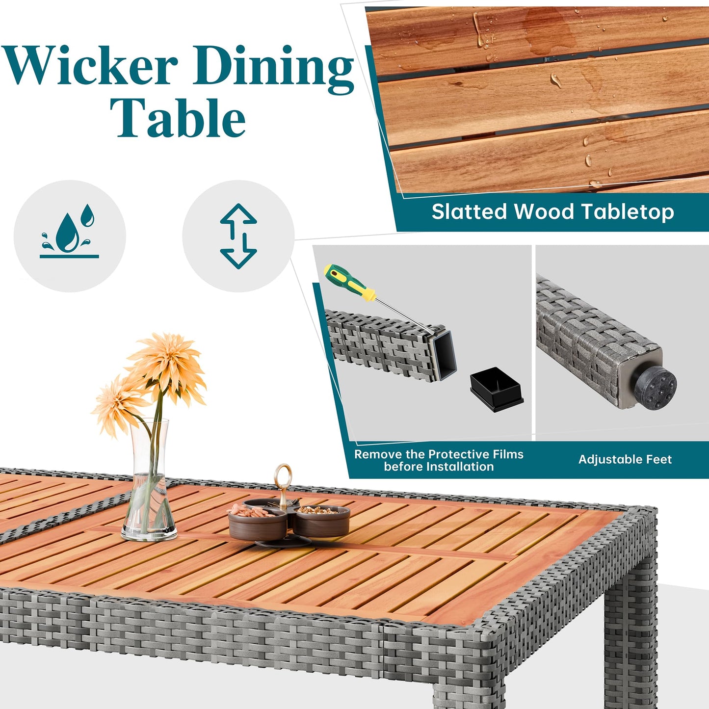 Shintenchi 7 Piece Patio Dining Set, Wicker Patio Conversation Set with Wooden Table Top, Outdoor Table and Chairs with Soft Cushions for Backyard, Deck and Garden, Grey Wicker