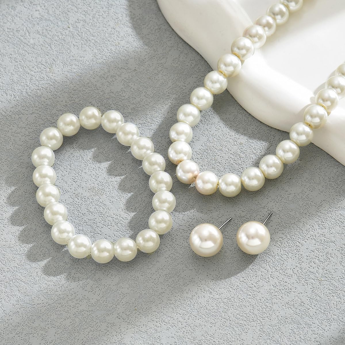 CSIYANJRY99 Pearl Necklace & Earring Set - Faux Pearl Prom Jewelry: Imitation Beaded Pearl Bracelet & Stud Earrings (WhitePearl)