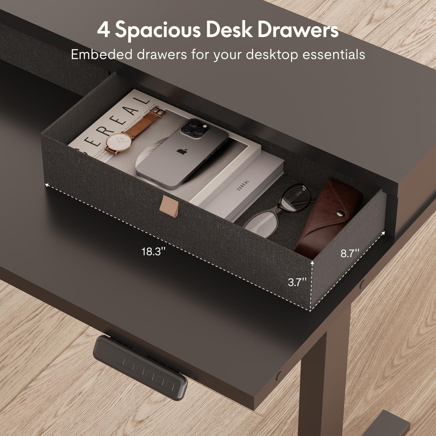 FLEXISPOT 63" L Shaped Standing Desk Electric Corner Table with Monitor Shelf, 4 Storage Drawers, Adjustable Computer Workstation for Home, Office, Game, Studio, Black Top + Black Frame