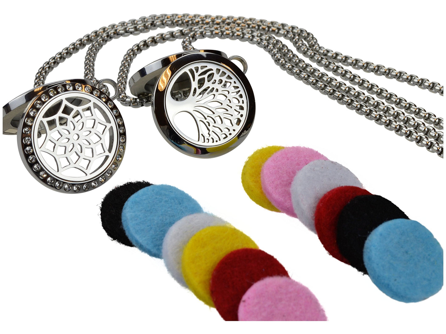 Tree of Life and Flower with CZ's Essential Oil Diffuser Necklace Stainless Steel t Pendants with 24" Chains + 12 Refill Pads