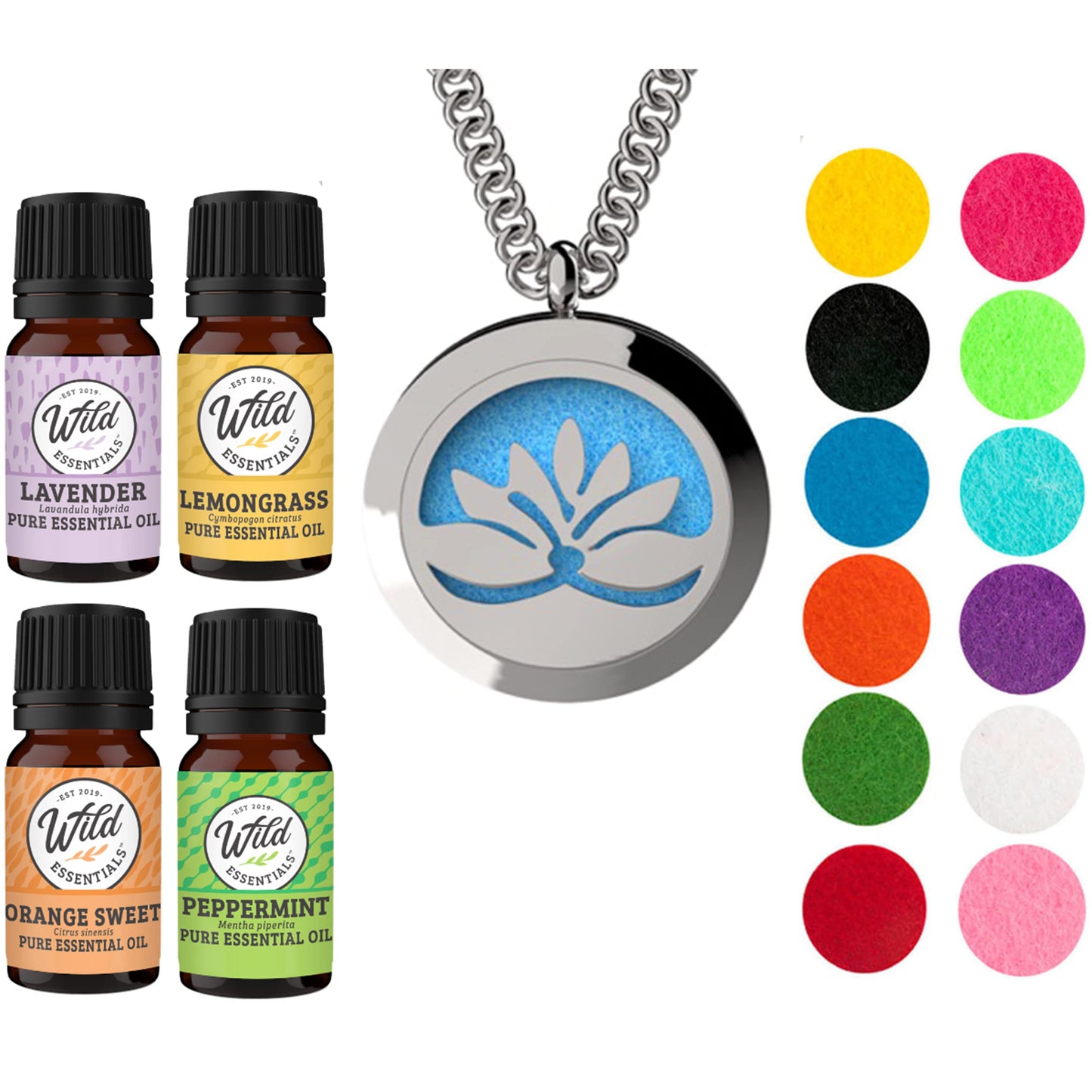 Wild Essentials Open Lotus Flower Necklace Essential Oil Diffuser Kit, Lavender, Lemongrass, Peppermint, Orange Oils, 12 Refill Pads, Aromatherapy Gift Set, Customizable Color Changing, Perfume