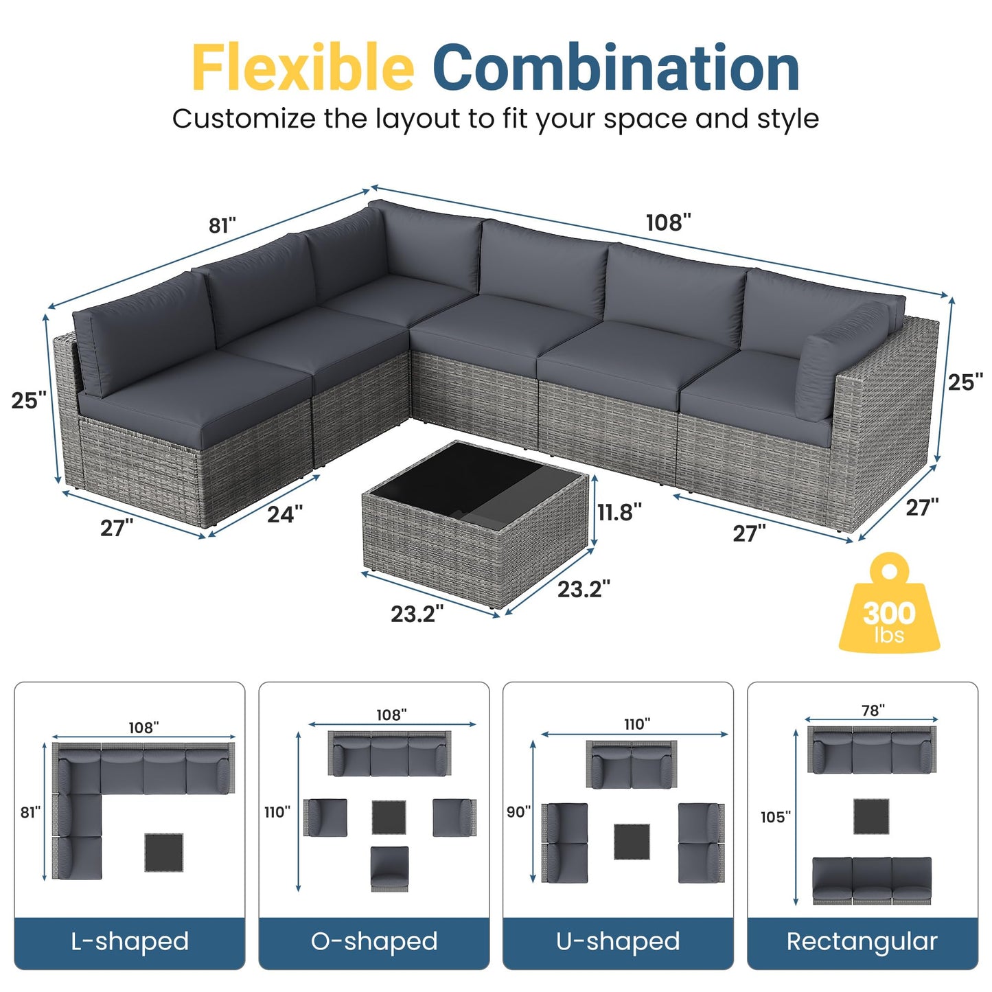 May in Color 7 Pieces Wicker Outdoor Patio Furniture Set, Patio Sectional Sofa with Coffee Table, All-Weather Outdoor Sectional Furniture for Garden Backyard, Grey