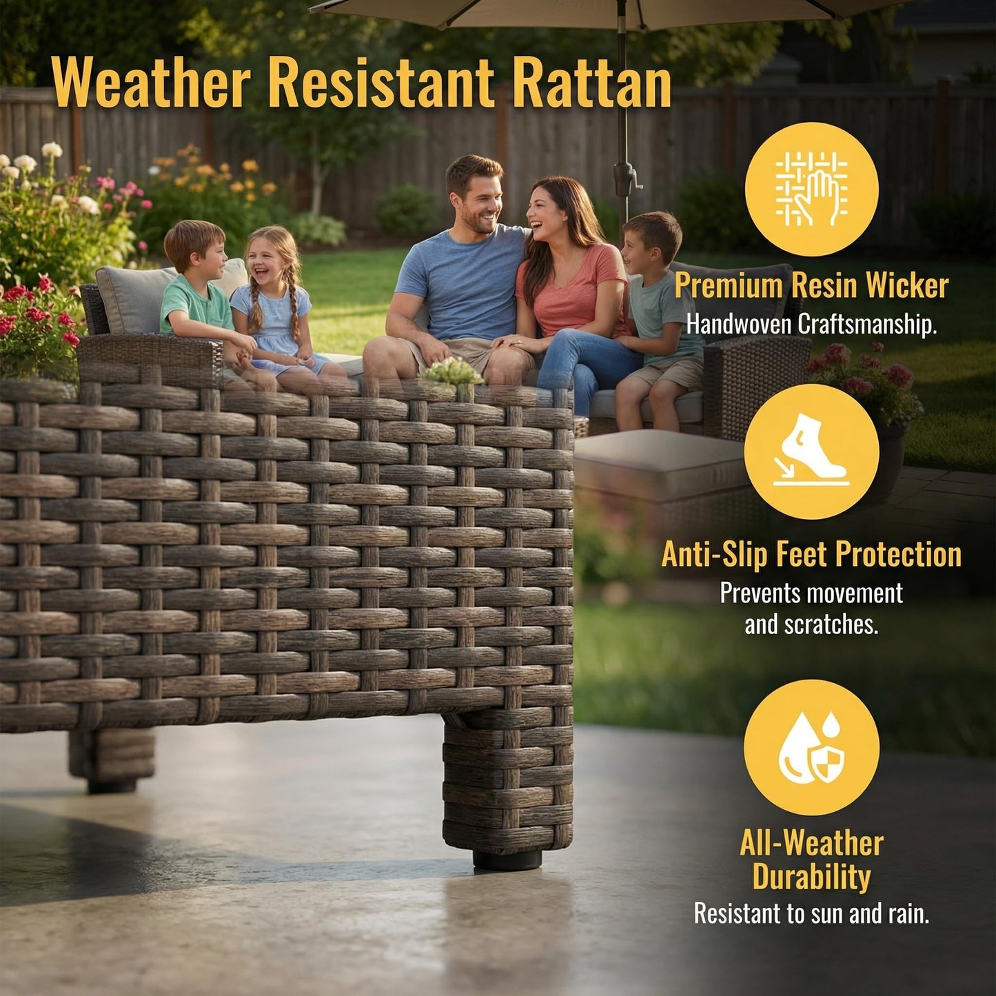 Wisteria Lane 7 Piece Patio Furniture Set, High Curved Back Wicker Patio Sectional, All Weather Outdoor Dining Set, Outdoor Furniture Patio Conversation Set with Ottoman, Brown