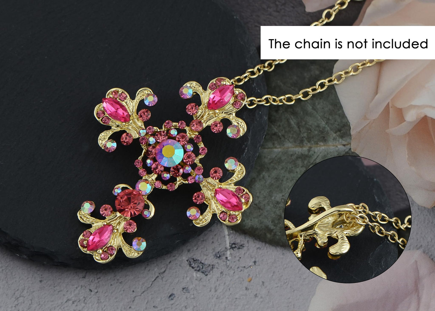 Alilang Roman Catholic Victorian Religion Christian Holy Cross Pink Rhinestones Pin Brooch With Pendant Loop, Pink/Gold
