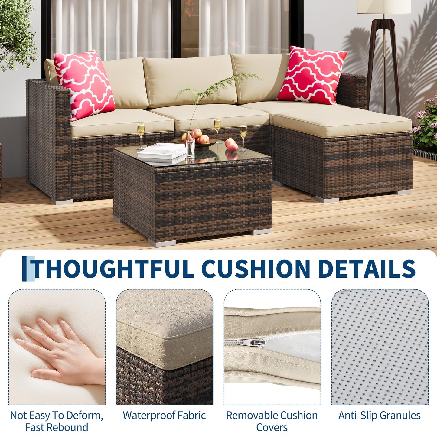 MilleLoom 5-Piece Outdoor Sectional Sofa Set, All-Weather PE Rattan Patio Furniture with Ottoman & Tempered Glass Table, Convertible Garden Couch for Backyard, Porch, Poolside (Brown/Khaki)
