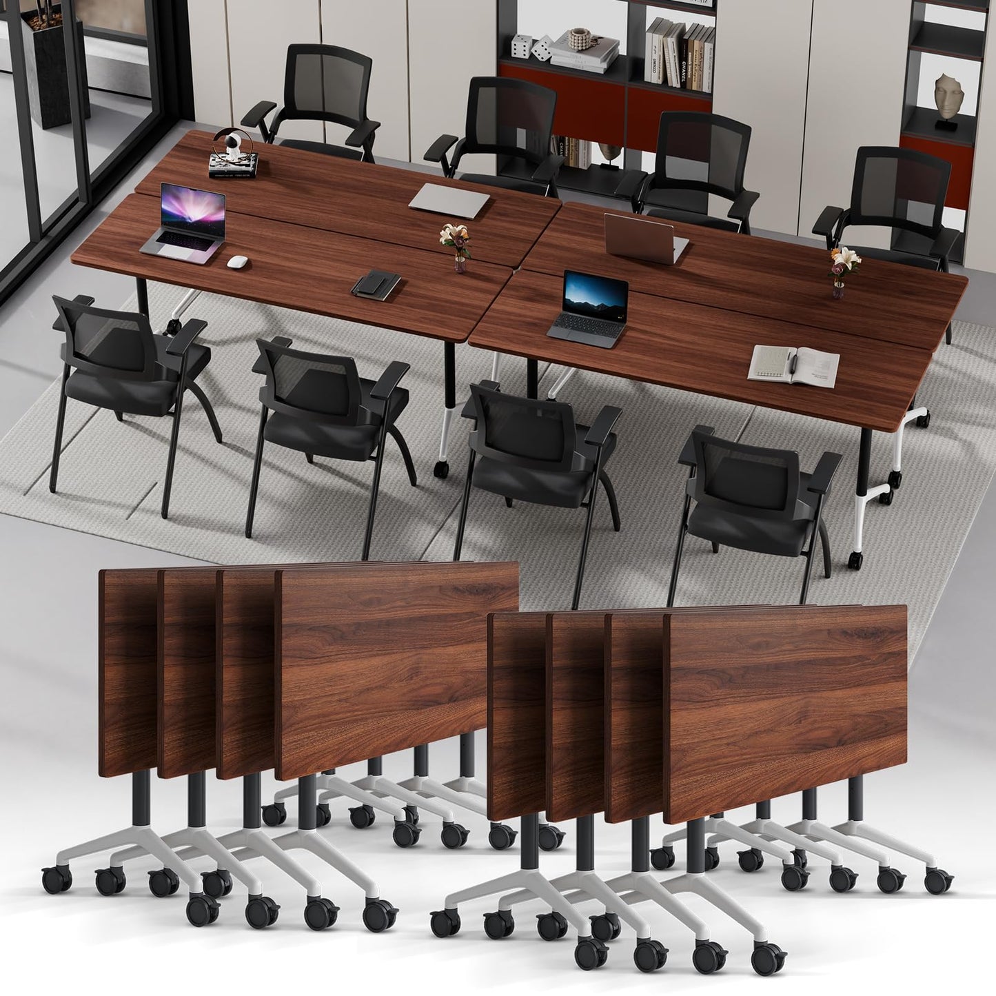 Modular Folding Conference Table with Wheels,8 Pack Mobile Conference Room Tables,Filp Top Rolling Meeting Training Tables for Office,Classroom,Library,Seminar,Boardroom,school(8pack,Walunt,71in)