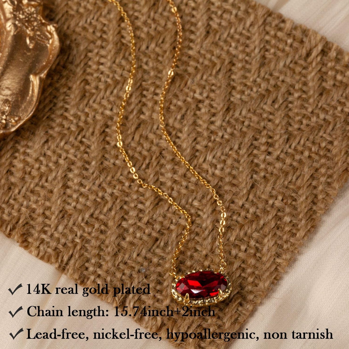 TLY Gold Necklace for Women 14k Gold Plated Dainty Gemstone Pendant Necklace Red Rose Quartz Black Emerald Green Blue Prom Choker Necklace Birthday Wedding Bridesmaid Necklace Mothers Day Jewelry gifts