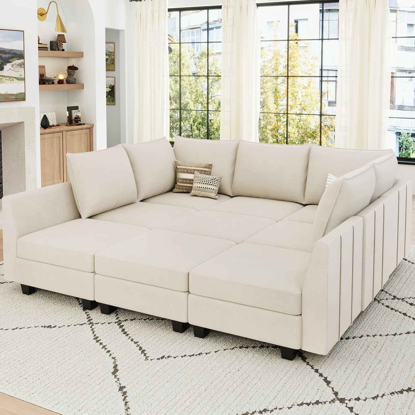Belffin Large Modular Sectional Sofa Sleeper Couch with Storage Velvet Sectional Sofa Bed for Living Room, 9 Seats, Beige