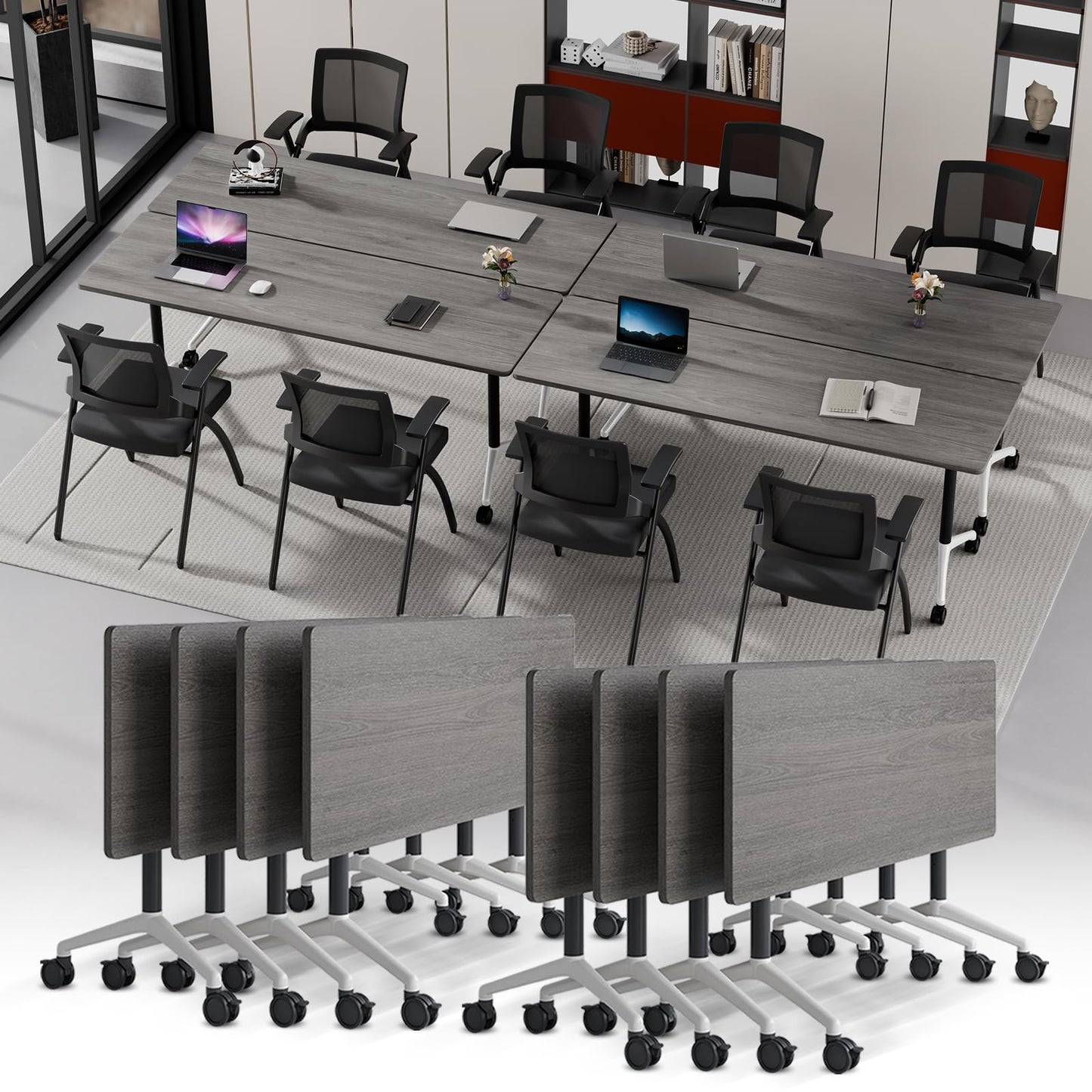 Modular Folding Conference Table with Wheels,8 Pack Mobile Conference Room Tables,Filp Top Rolling Meeting Training Tables for Office,Classroom,Library,Seminar,Boardroom,school(8pack,Grey,47in)