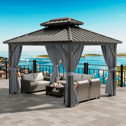 12'x10' Hardtop Gazebo, Heavy Duty Aluminum Permanent Hardtop Gazebo Outdoor Pavilion with Curtains and Netting for Garden