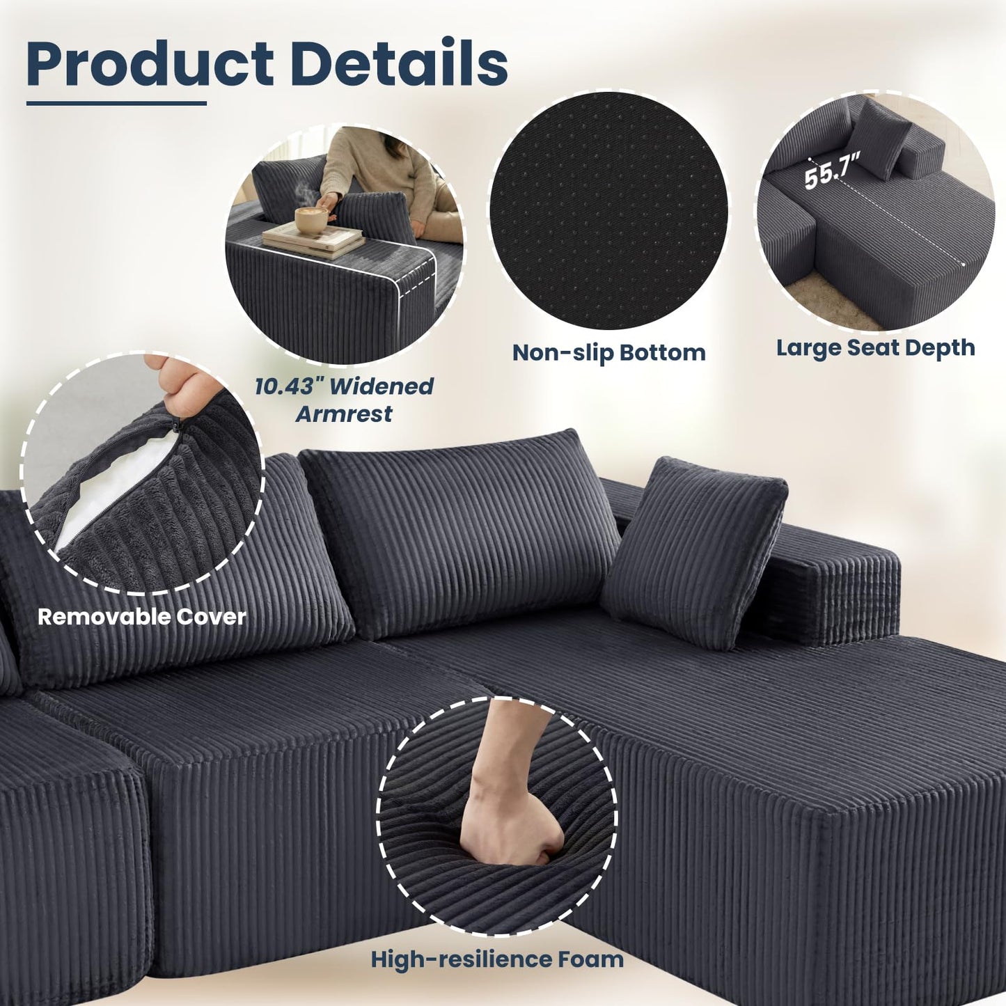 DUMOS 108” Modular Sectional Sofa, Cloud Sectional Couch with Deep Seat, Modern Modular L-Shape Sofa Couch with Chaise,Upholstered Boneless Couches for Living Room Bedroom (Grey,Right Facing Chaise)