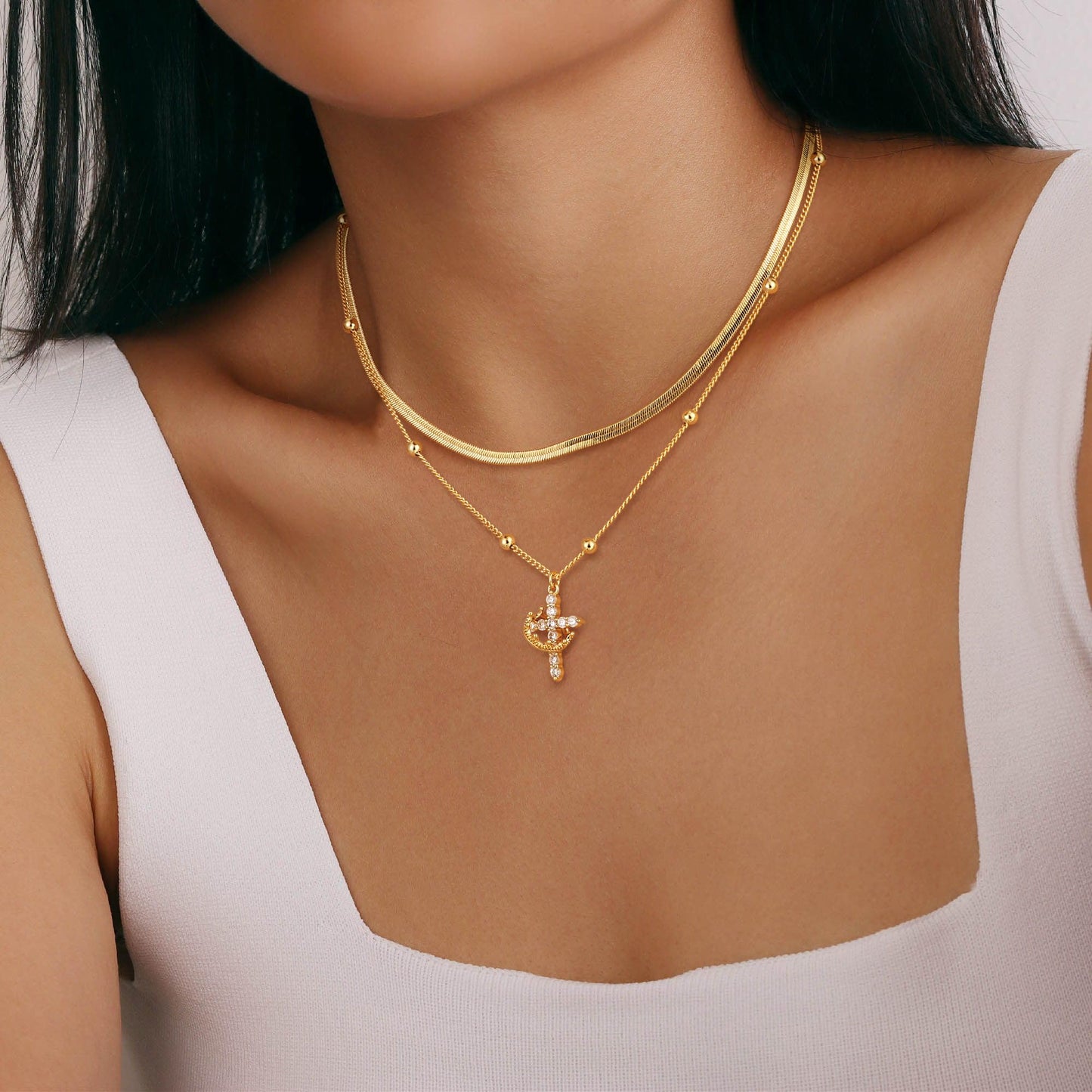 Robaice Cross Necklace for Women 14K Gold Plated Crown Cross Pendant Necklace Simple Gold Necklaces Faith Cross Jewelry First Communion Necklace, Herringbone Chain Set