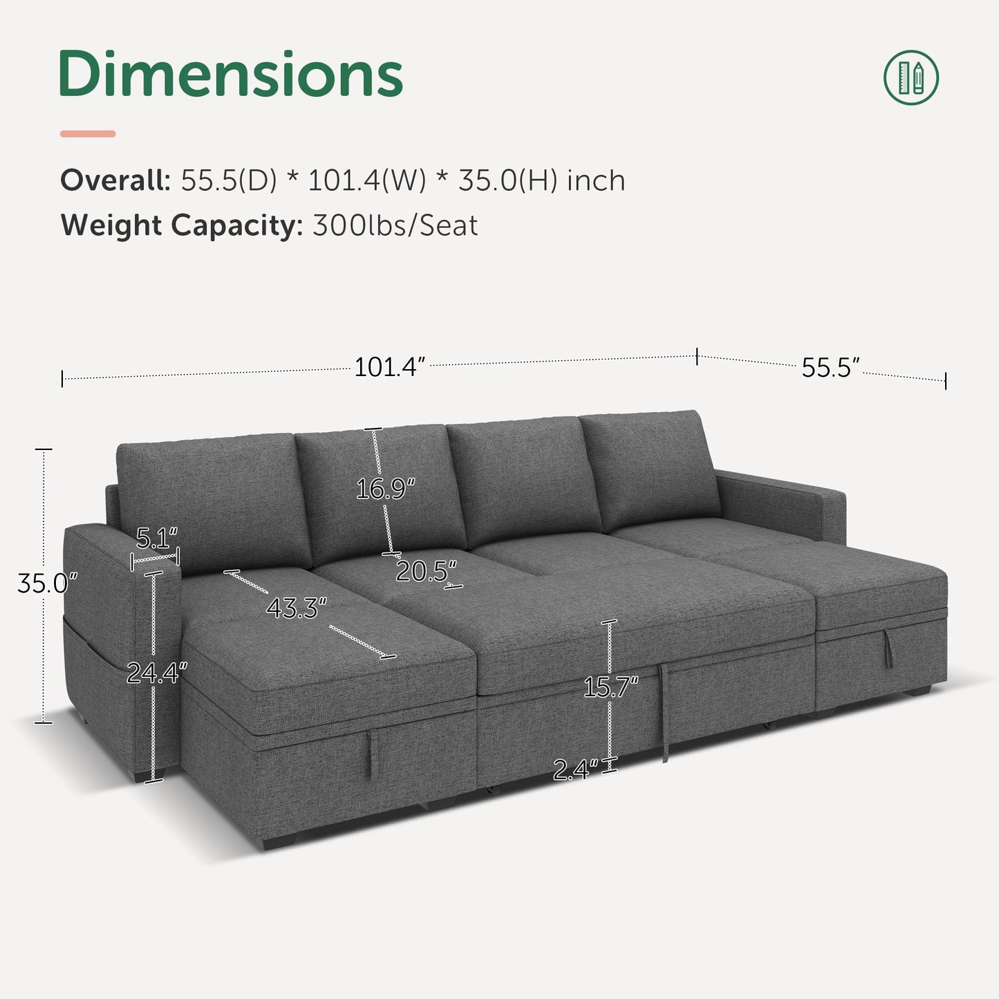 HONBAY Modular Sectional Sleeper Sofa Bed, Sectional Couch with Pull Out Bed U Shaped Modular Couch with Storage Ottoman for Living Room, Dark Grey