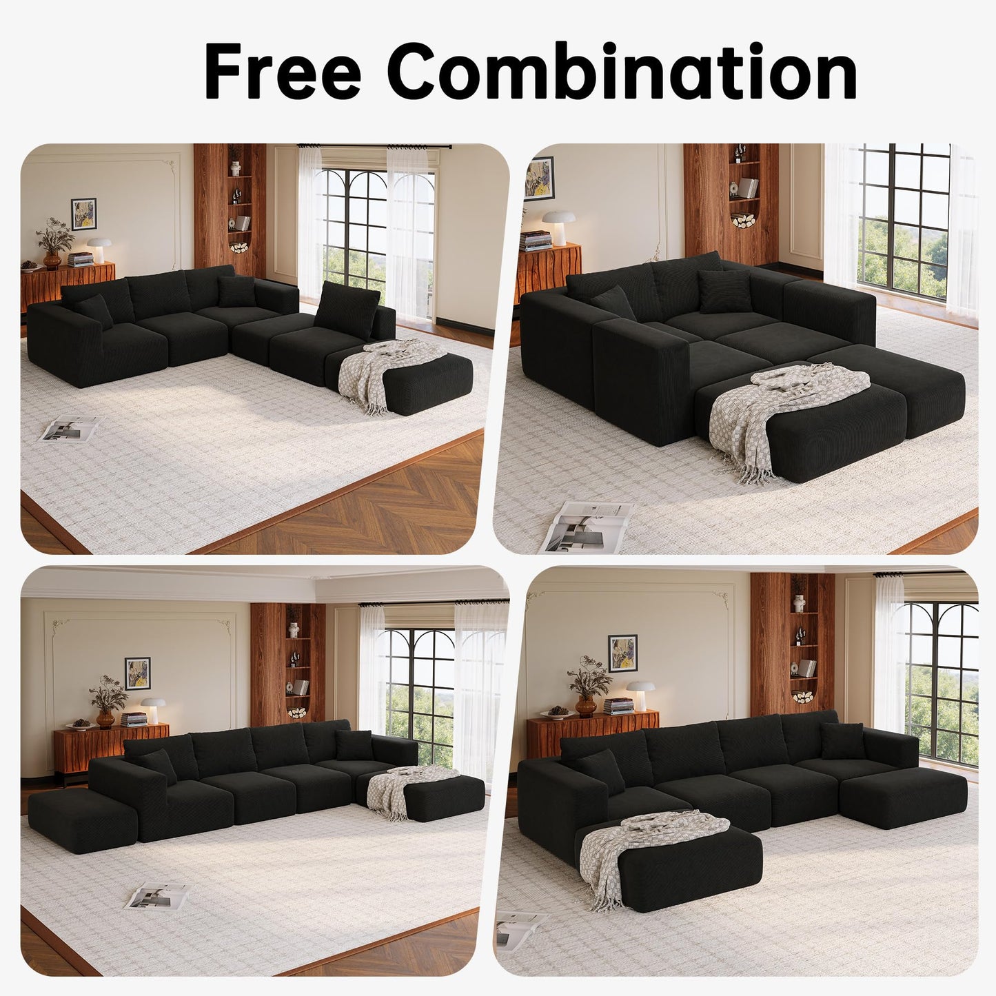 CUGOAO 152'' Oversized 2-in-1 Modular Sectional Sofa Bed, Modern Boneless Couch, Extra Deep Seat Upholstery Cloud Couch, Boneless Couches for Living Room, No Assembly Required, Corduroy Black