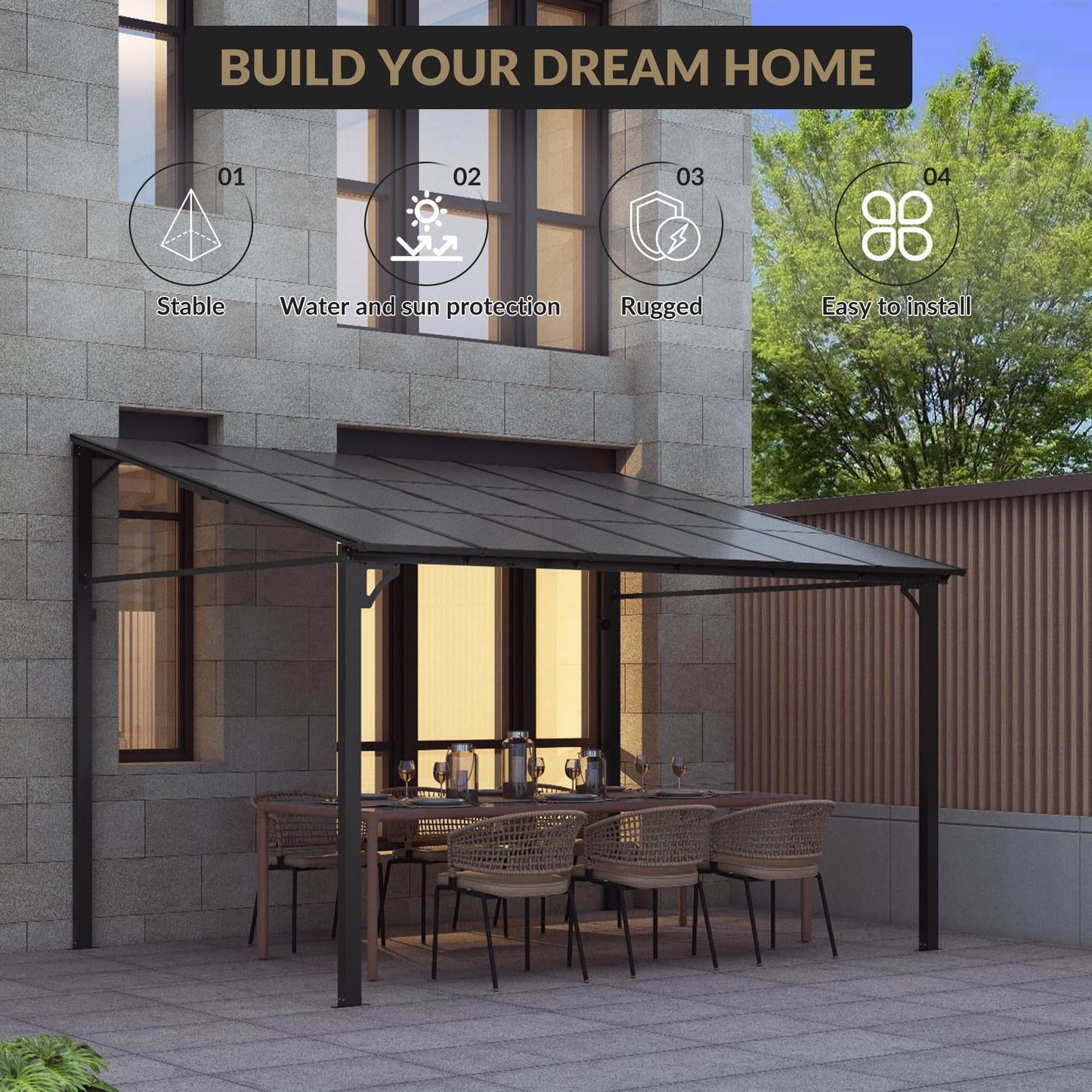 10x12ft Lean to Gazebo with Polycarbonate Hardtop Roof - Hardtop Wall Pergola, Aluminum Frame Wall Mounted Gazebo for Patio, Deck, Yard, Garden & Party Shade