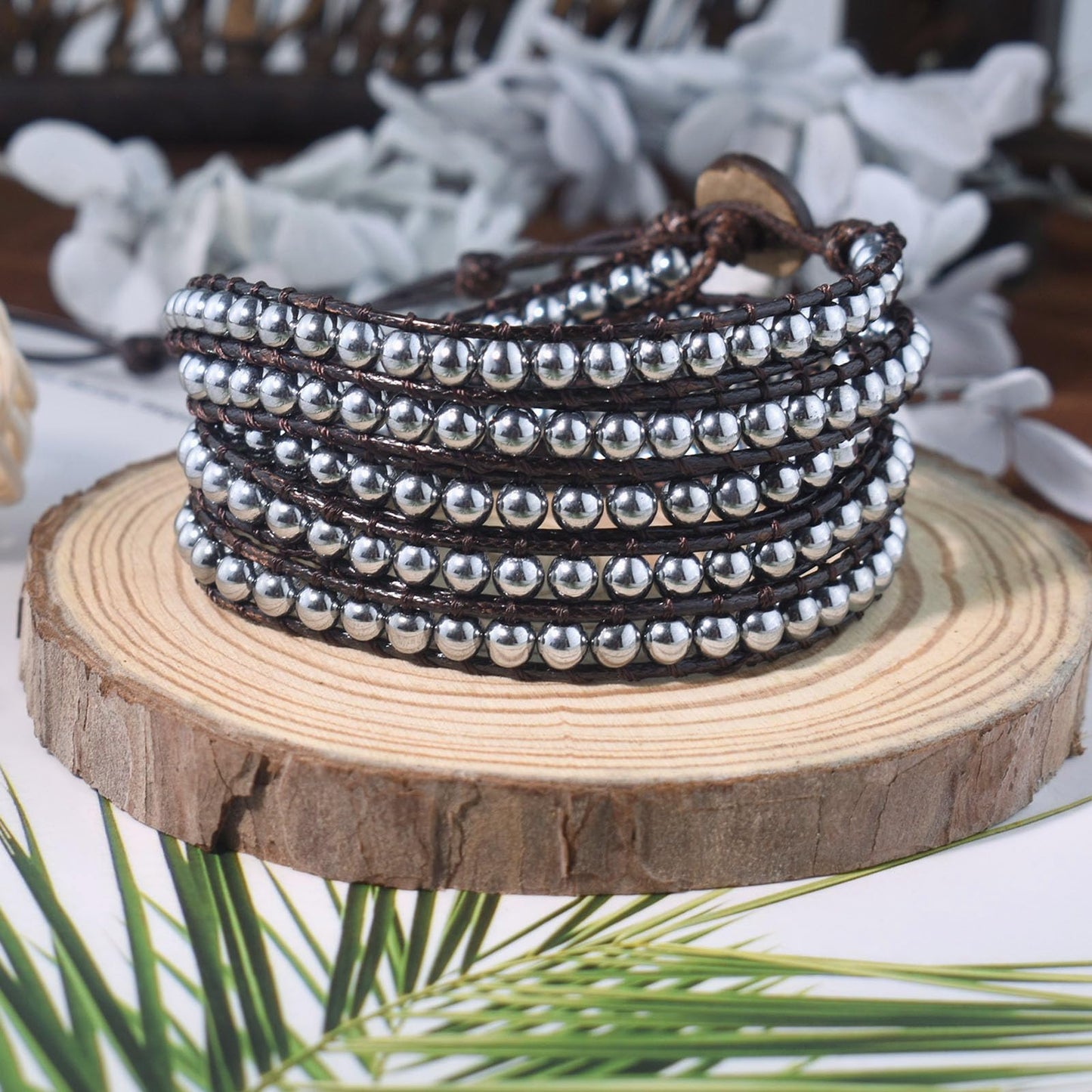 Ayriwoyi Boho Bracelets For Women 5 Wraps Bracelet for Women Men Hematite Beaded Wrap Bracelet for Women Adjustable