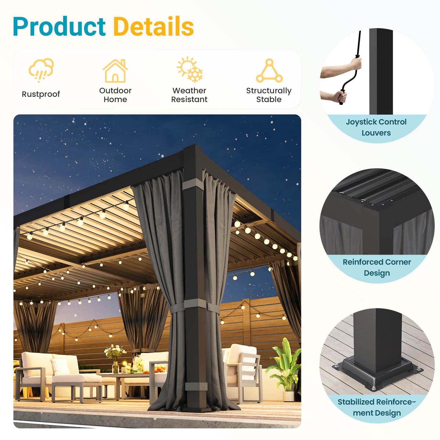 12' x 20' Louvered Pergola, Outdoor Pergola with Curtains & Netting, Metal Patio Pergola with Adjustable Louvers Roof and Gutter System, Metal Hardtop Gazebo for Patio, Deck, Garden, Yard, Dark Gray