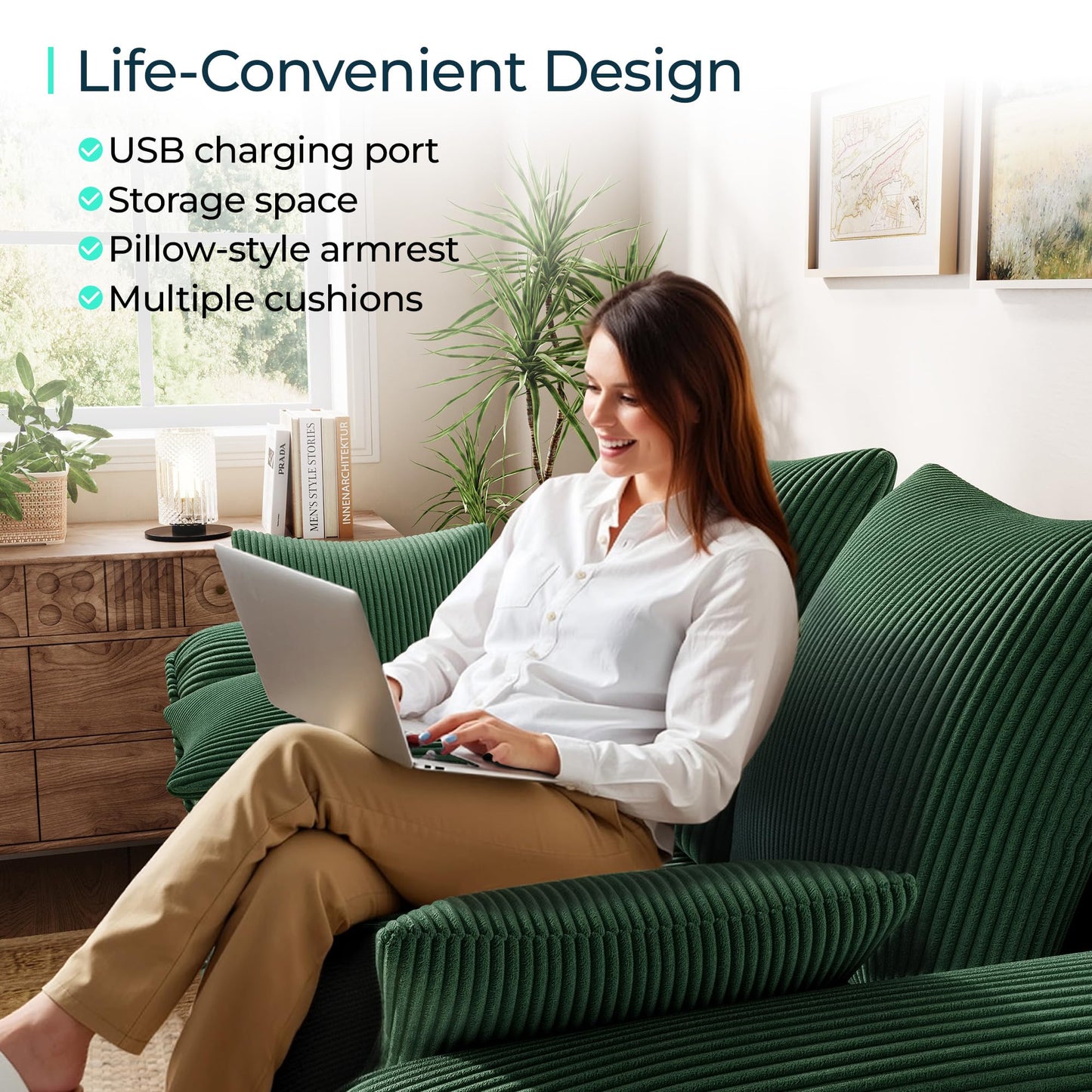 LINSY HOME 90.5'' Sectional Sleeper Sofa with Pull Out Couch Bed Modular (Green, 90.5'')
