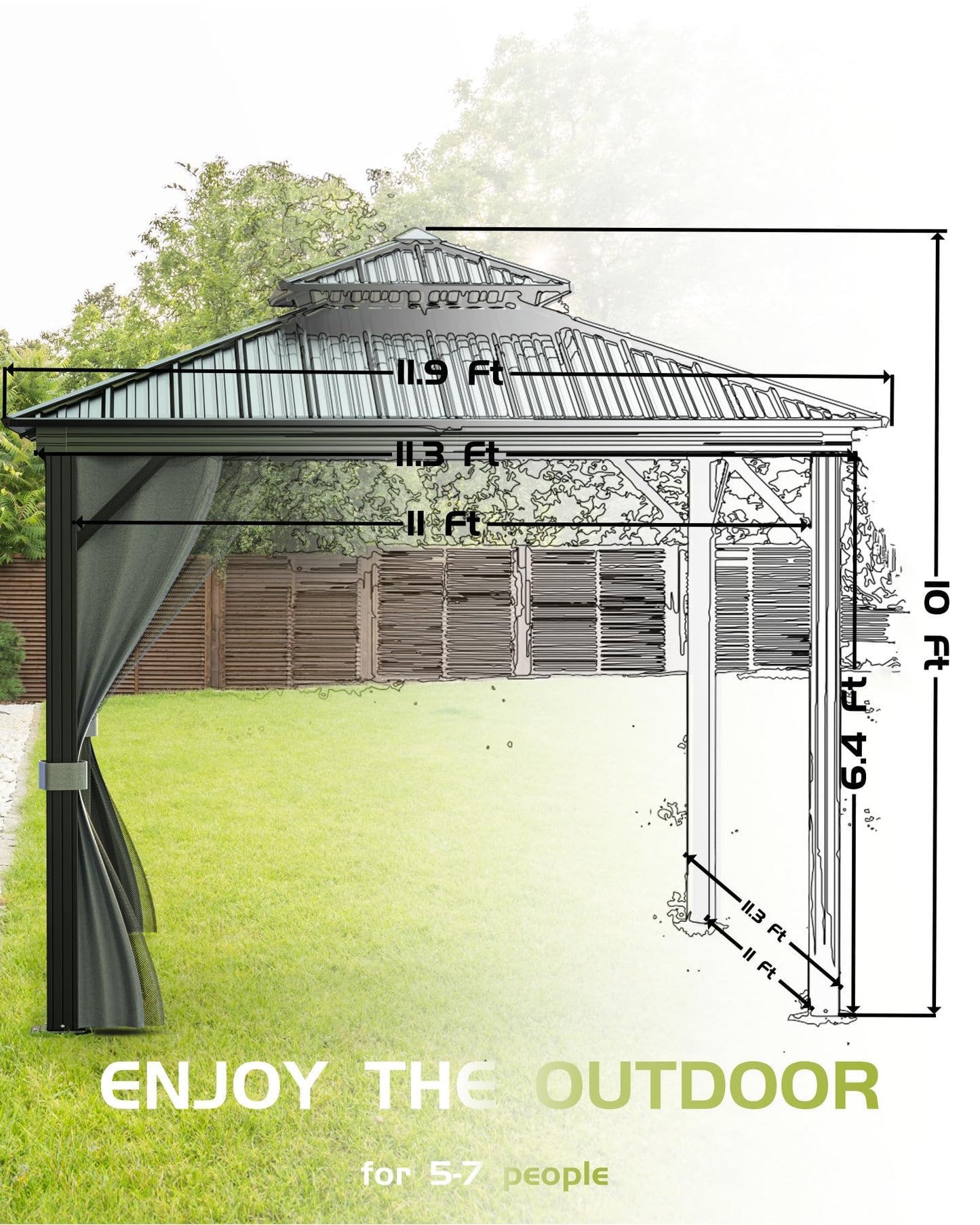 12'X12' Hardtop Gazebo, Outdoor Double Roof Galvanized Steel Gazebo, Aluminum Heavy-Duty Steel Top Canopy with Mosquito Net & Privacy Curtain for Patio, Porch, Garden, Lawn, Deck, Backyard,Gray