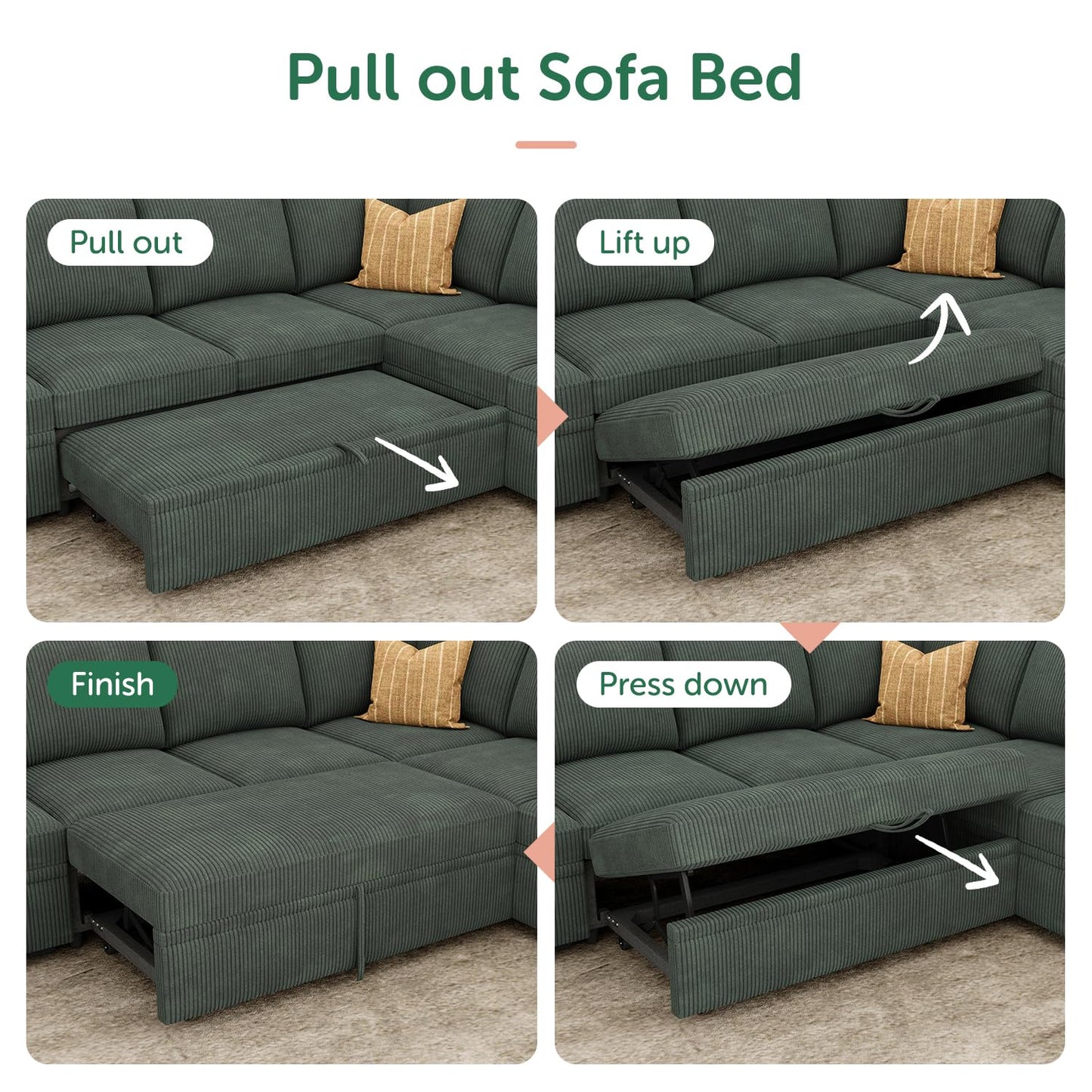 HONBAY Modular Sectional Sleeper Sofa Bed, Corduroy Pull Out Couch with Storage Ottoman, U Shaped Sectional Couches for Living Room, Green