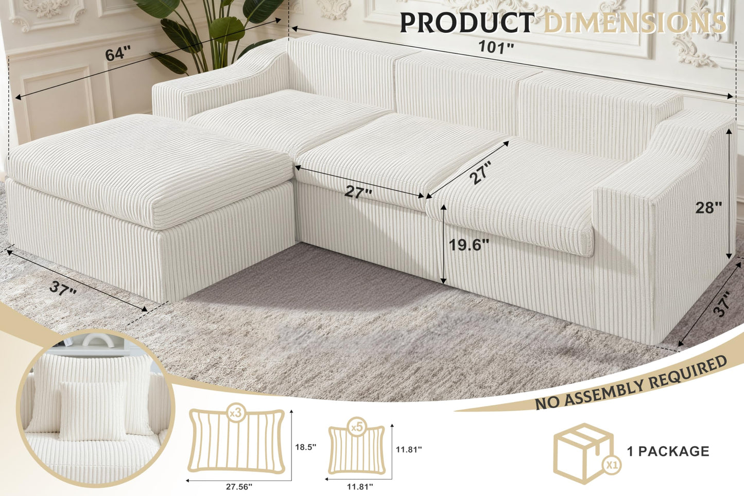 101" Modular Couch Sectionals with Ottoman, Big Comfy Cloud Couches, L Shaped 4 Seat Modular Sectional Sofa, Sectional Double Cushion Couches with Deep Seat for Living Room,No Assembly Required(Beige)